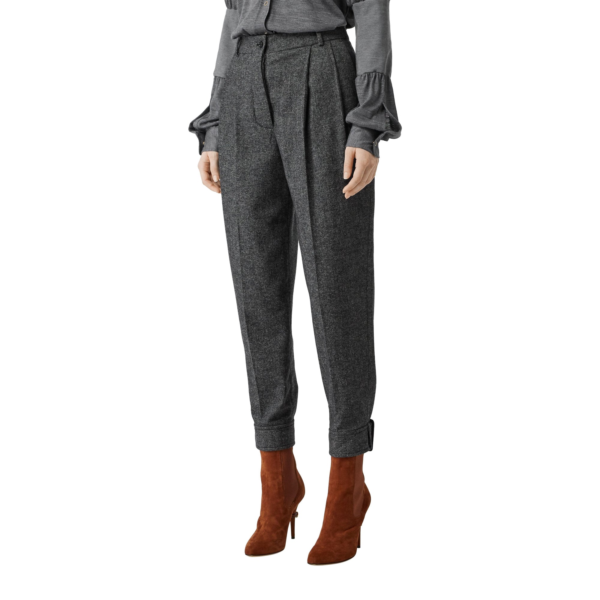 Pantalon tailleur en tweed de laine et cachemire avec ceinture - Camaïeu noir