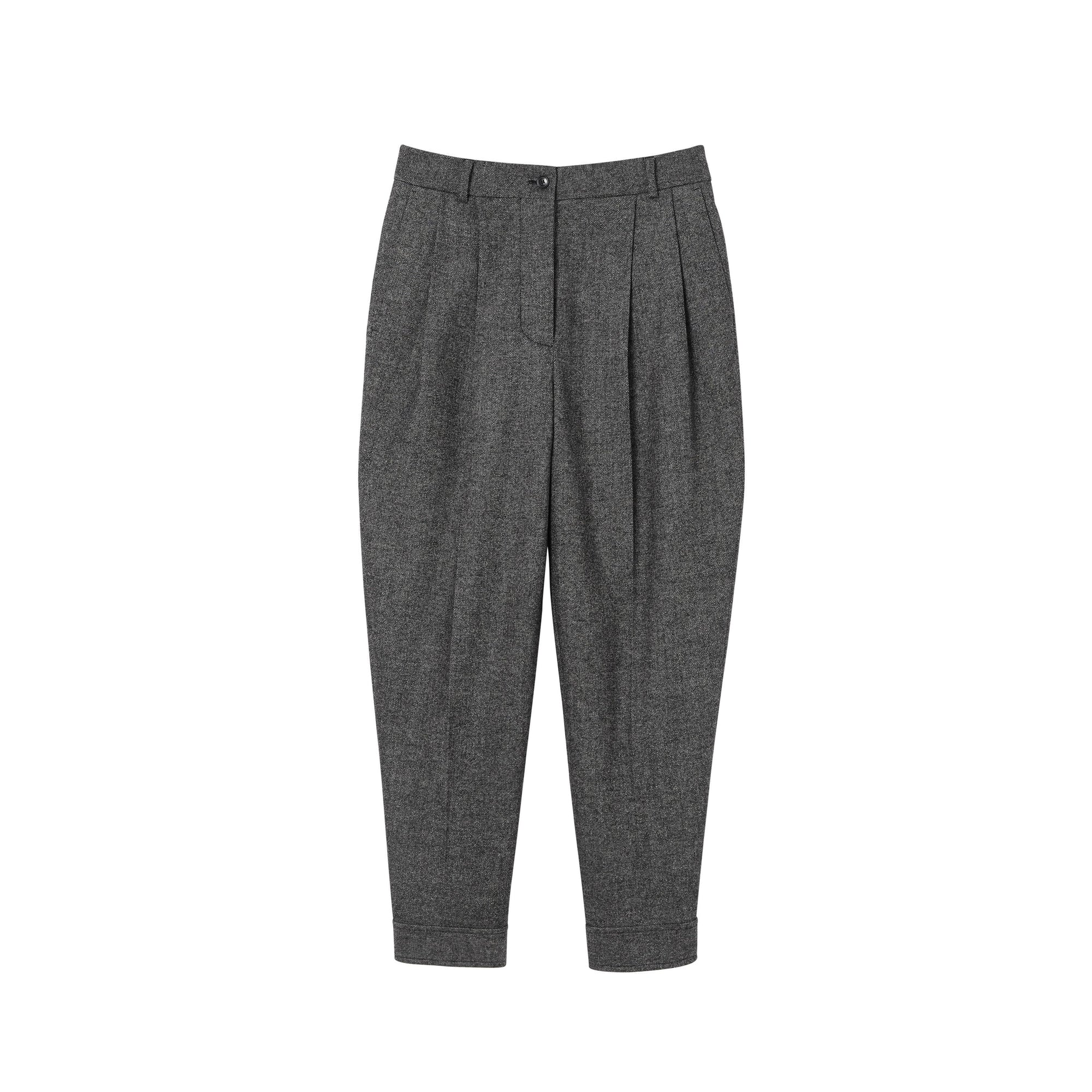Pantalon tailleur en tweed de laine et cachemire avec ceinture - Camaïeu noir