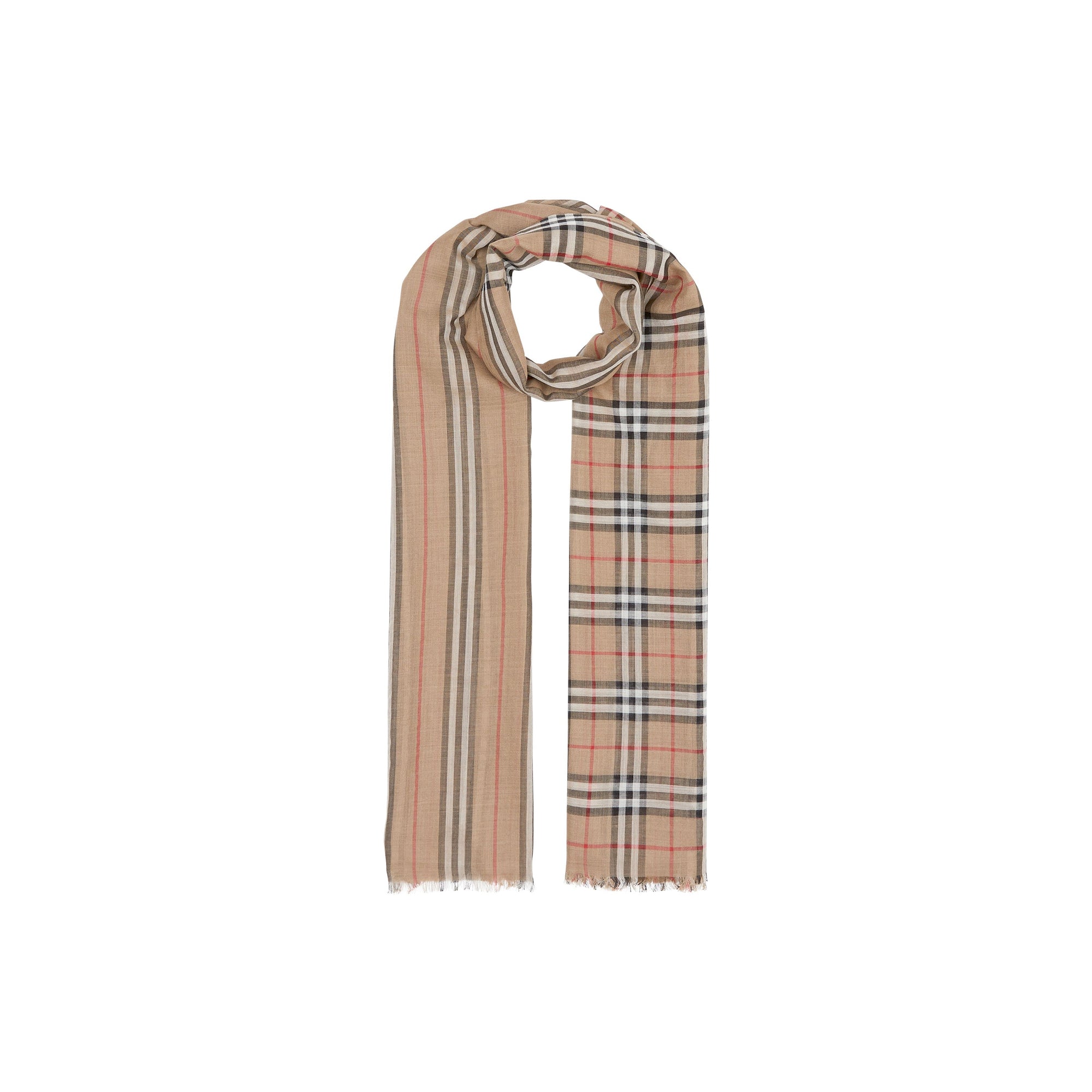 Maxi écharpe en laine et soie avec rayures iconiques et vintage check - Beige d'archive