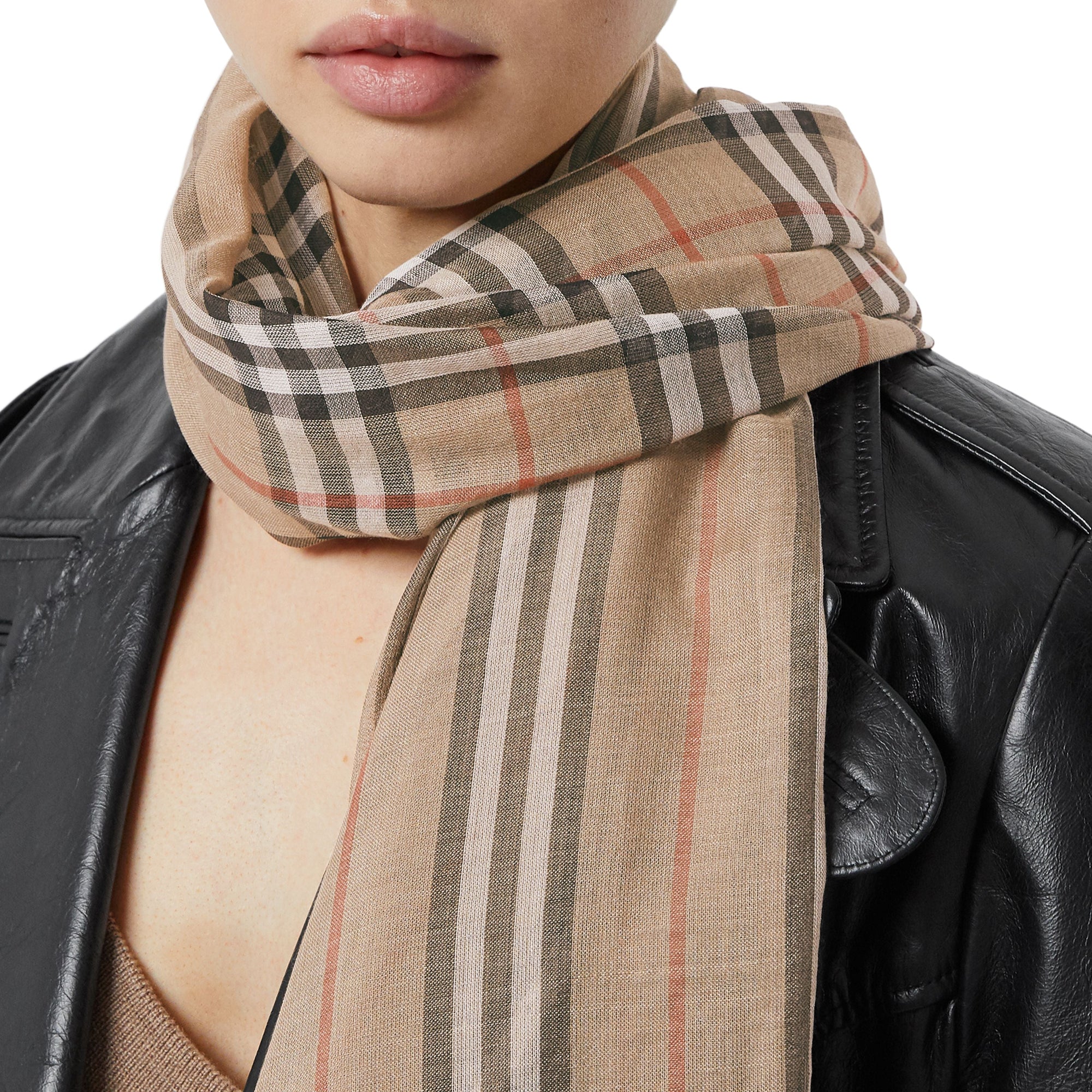 Maxi écharpe en laine et soie avec rayures iconiques et Vintage check - Beige d'Archive