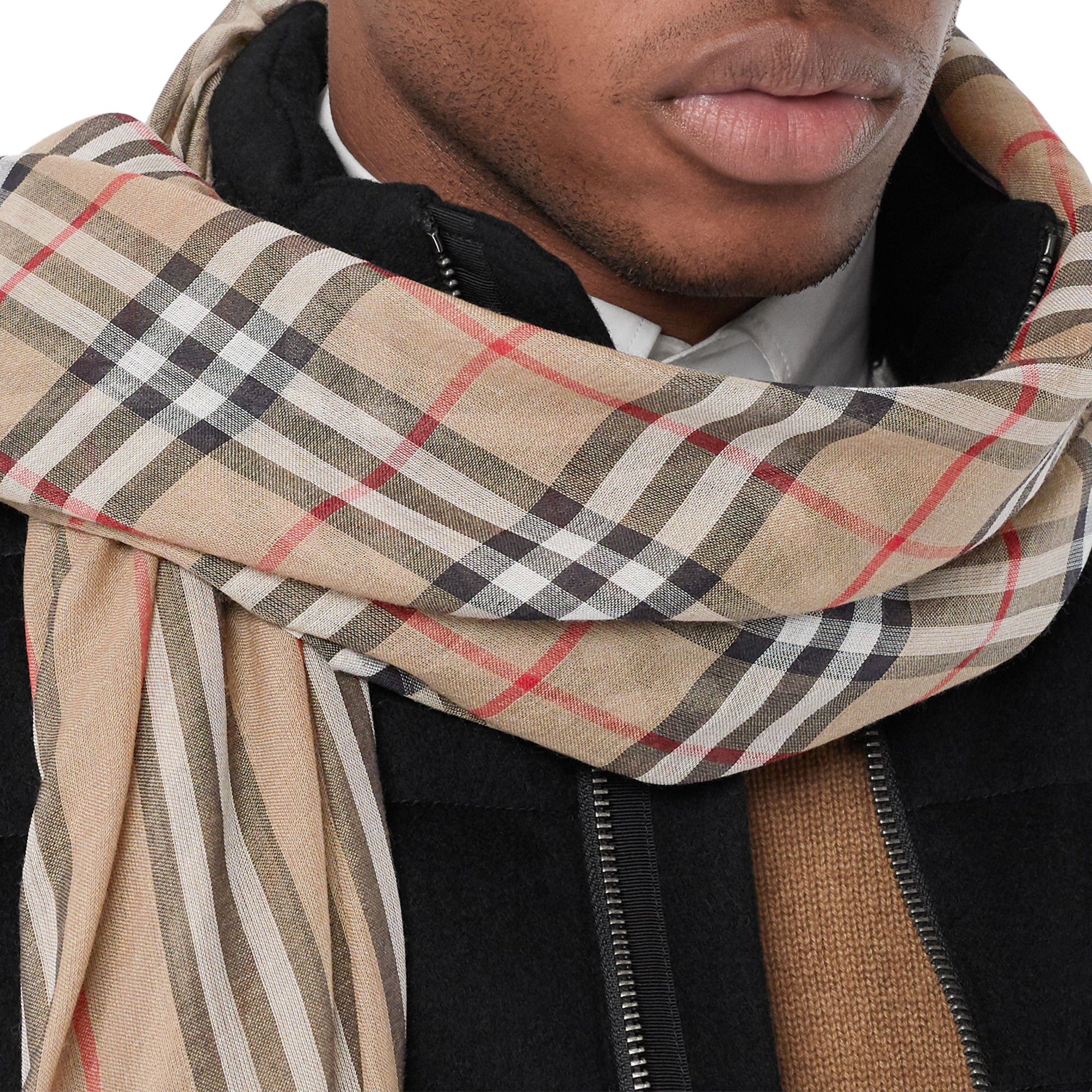 ARCHIVE BEIGE Écharpe en laine et soie avec rayures iconiques et Vintage check