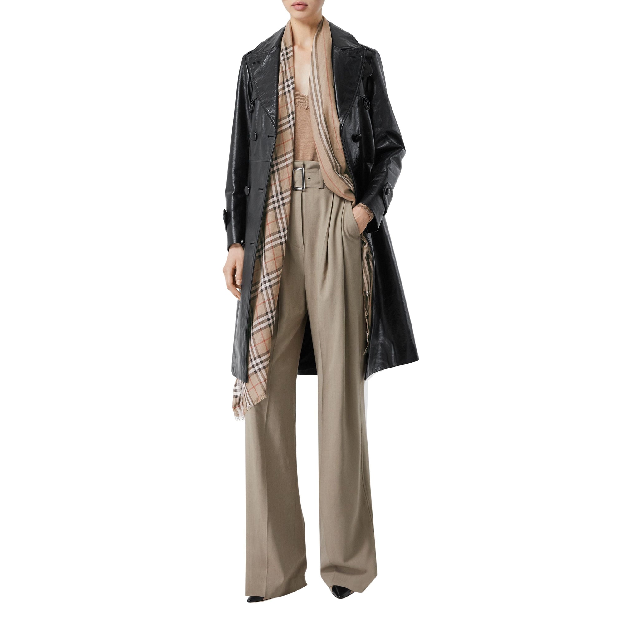 Maxi écharpe en laine et soie avec rayures iconiques et Vintage check - Beige d'Archive