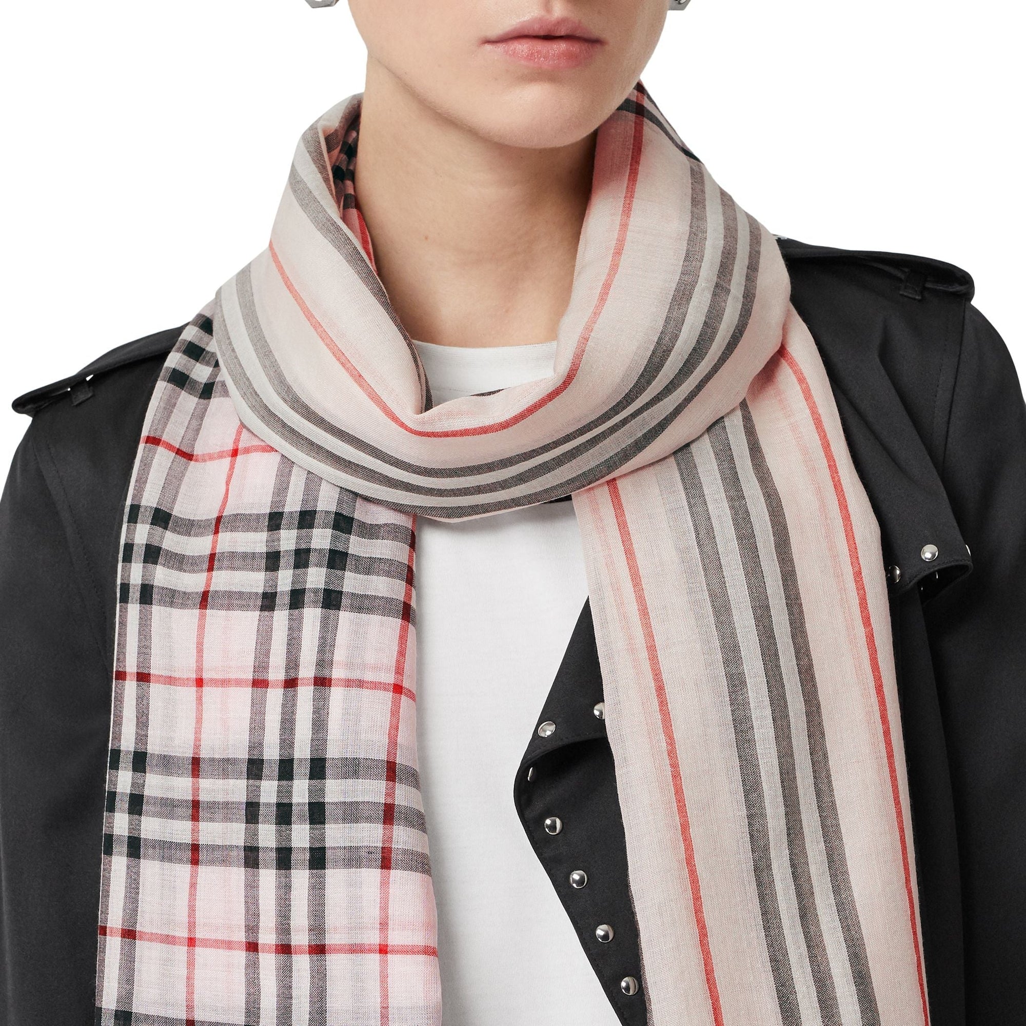 Maxi écharpe en laine et soie avec rayures iconiques et vintage check - Rose albâtre