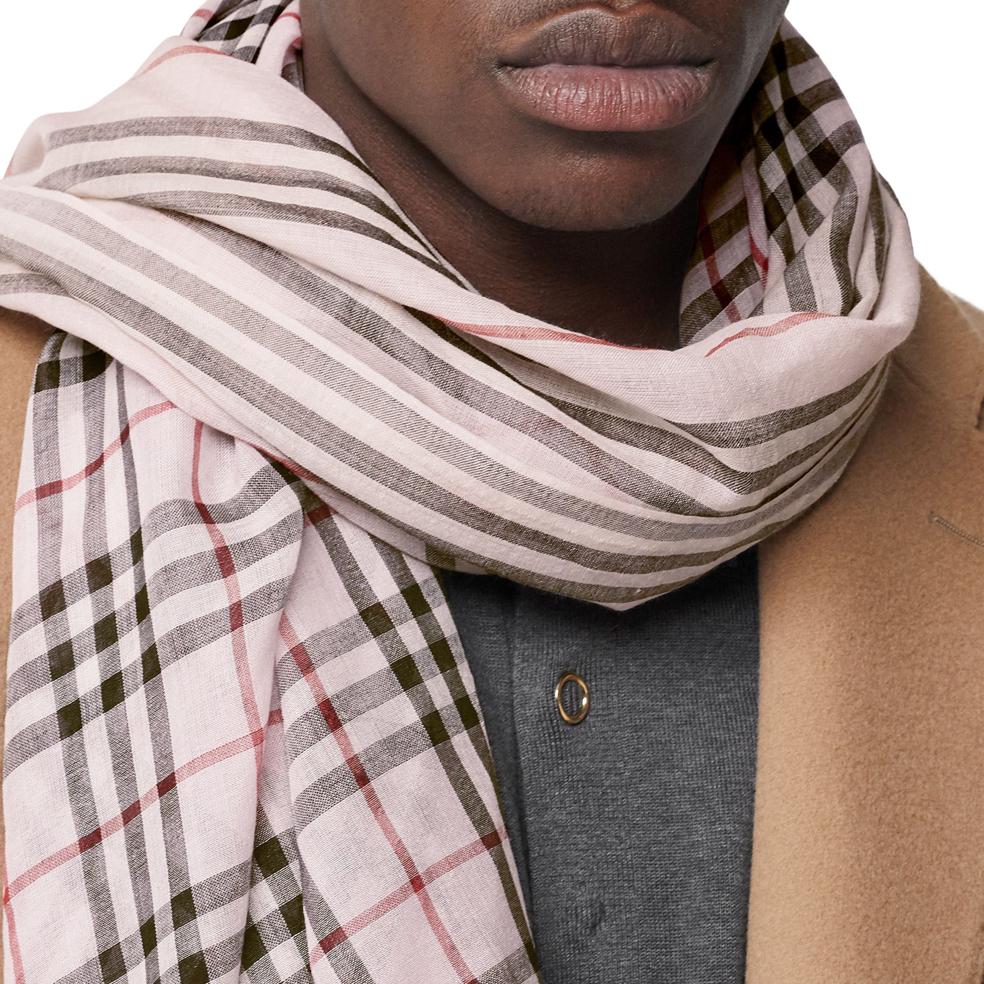 Maxi écharpe en laine et soie avec rayures iconiques et Vintage check - Rose Albâtre
