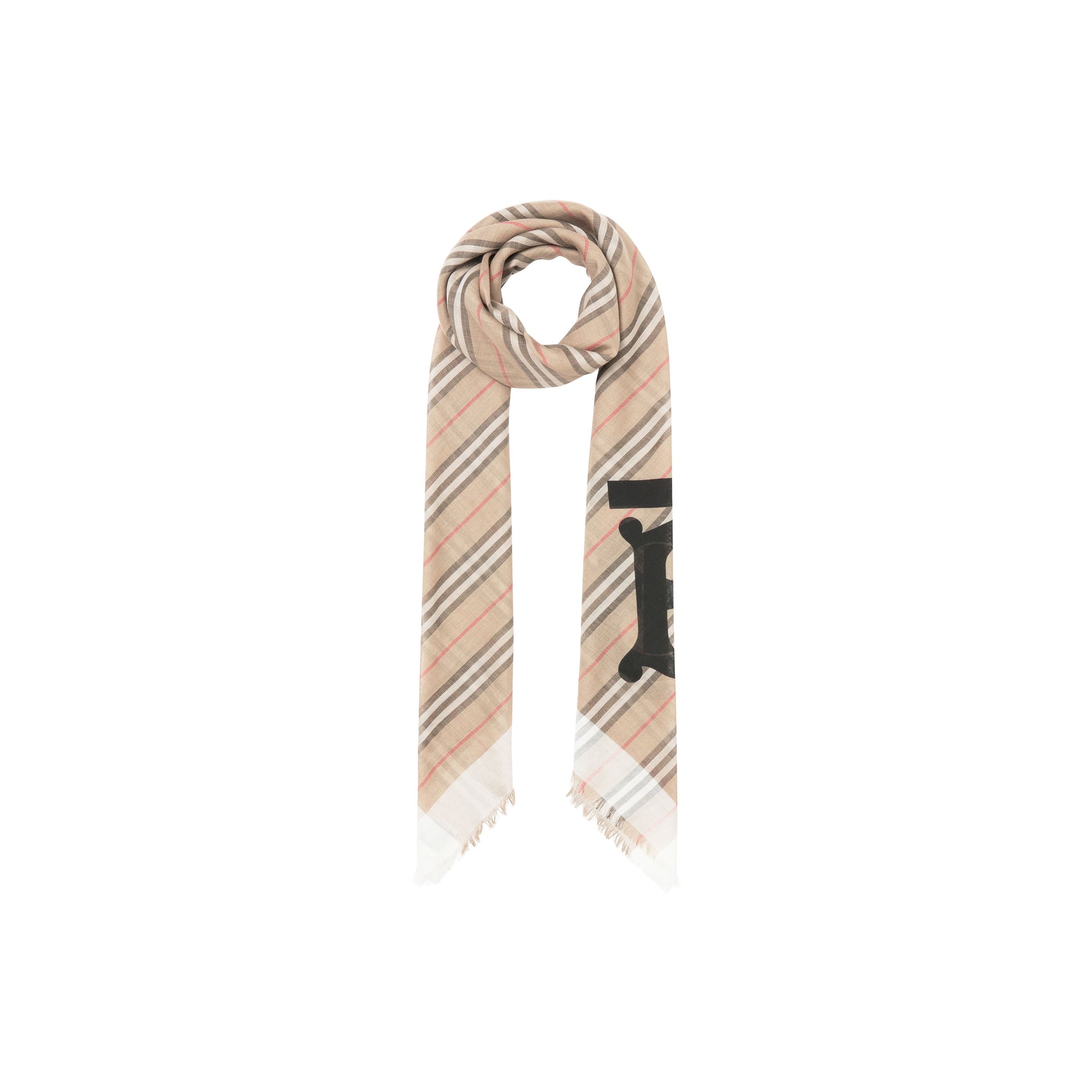 Grand carré de laine et soie à rayures iconiques et Monogram - Beige d'Archive