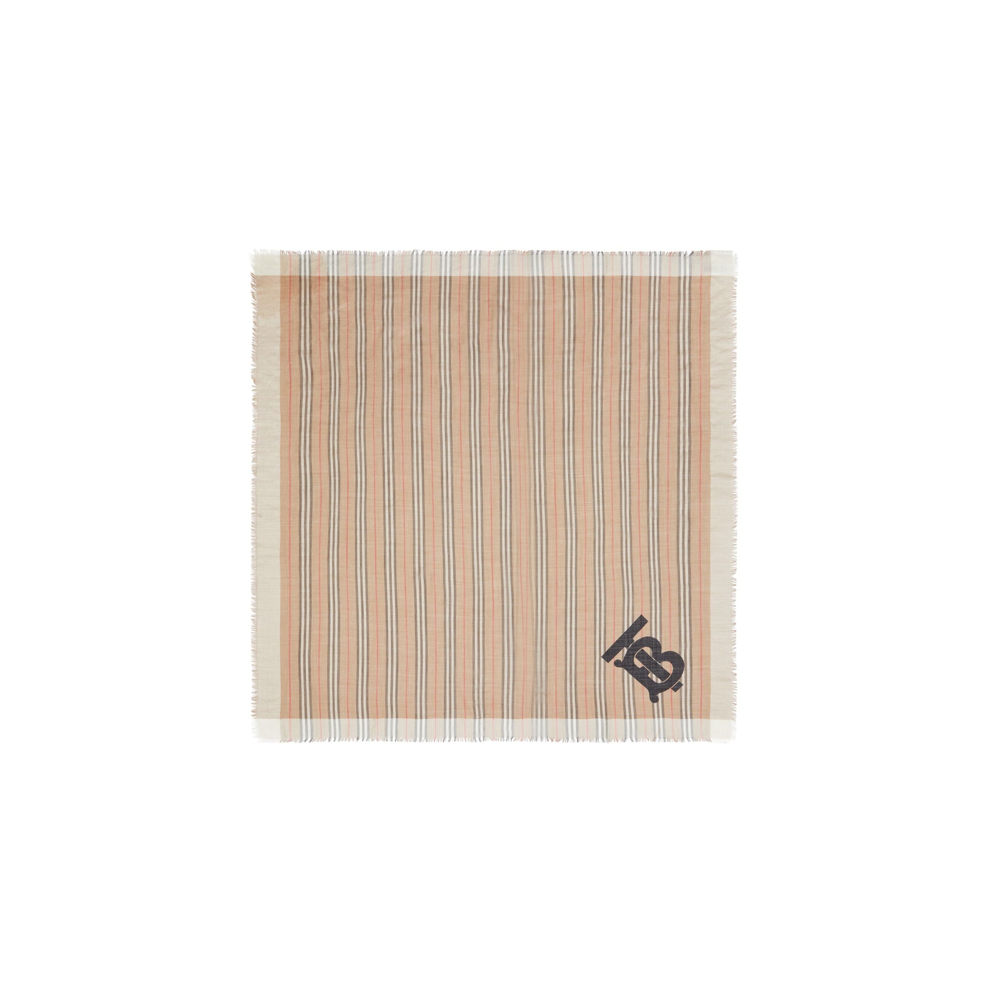 Grand carré de laine et soie à rayures iconiques et Monogram - Beige d'Archive