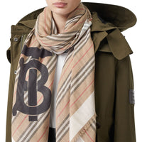 Grand carré de laine et soie à rayures iconiques et monogram - Beige d'archive