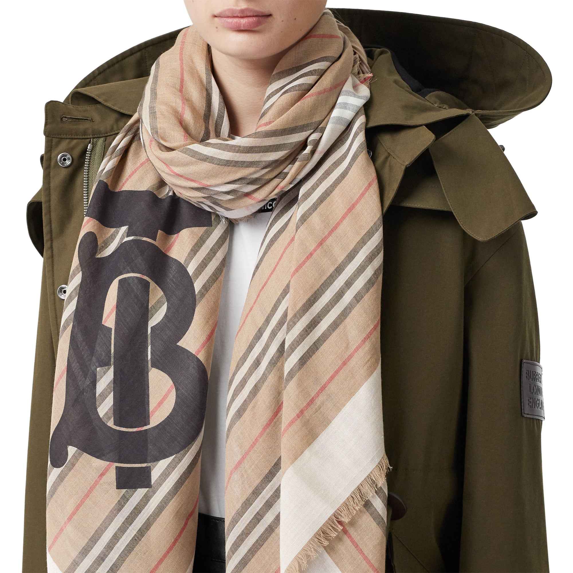 Grand carré de laine et soie à rayures iconiques et monogram - Beige d'archive