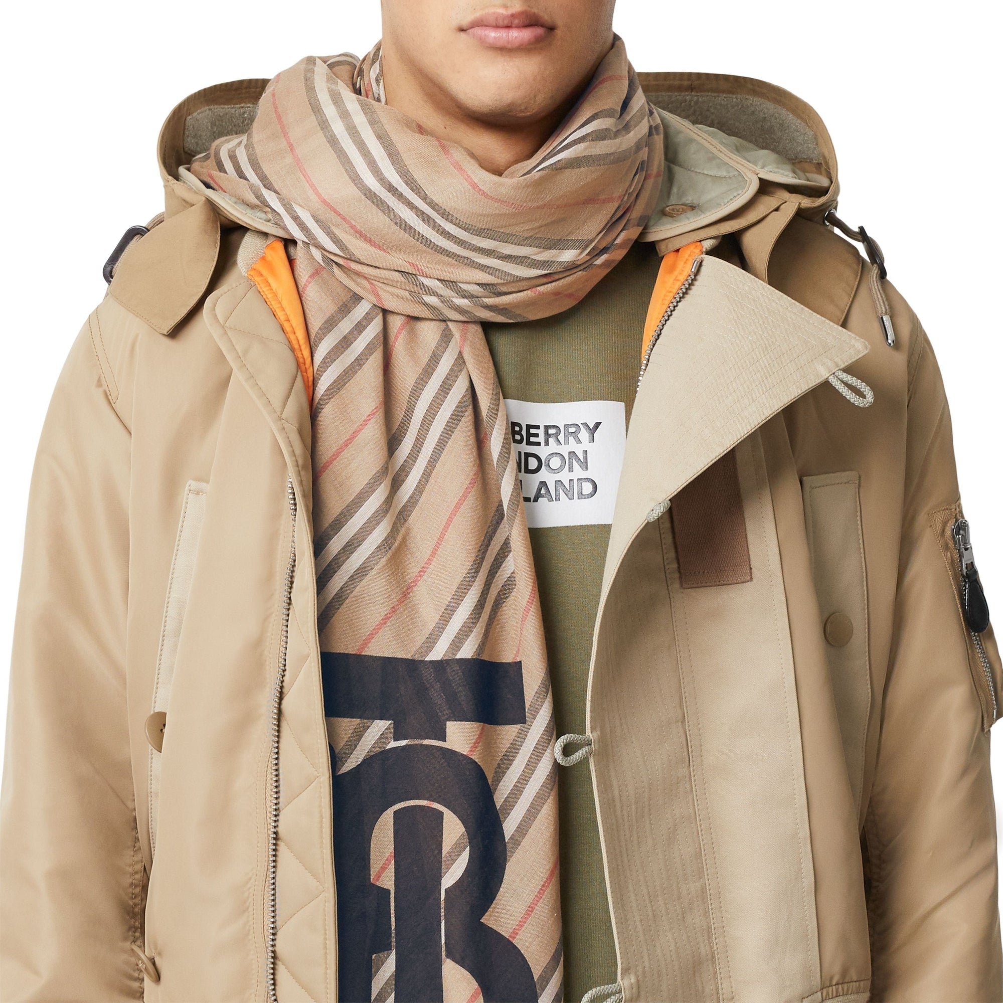 Grand carré de laine et soie à rayures iconiques et monogram - Beige d'archive