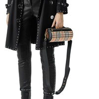 Sac the barrel en coton vintage check et cuir - Beige d'archive & noir