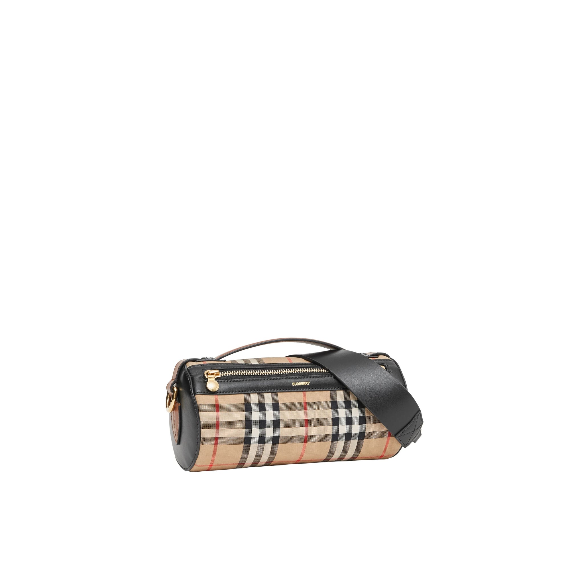 Sac the barrel en coton vintage check et cuir - Beige d'archive & noir