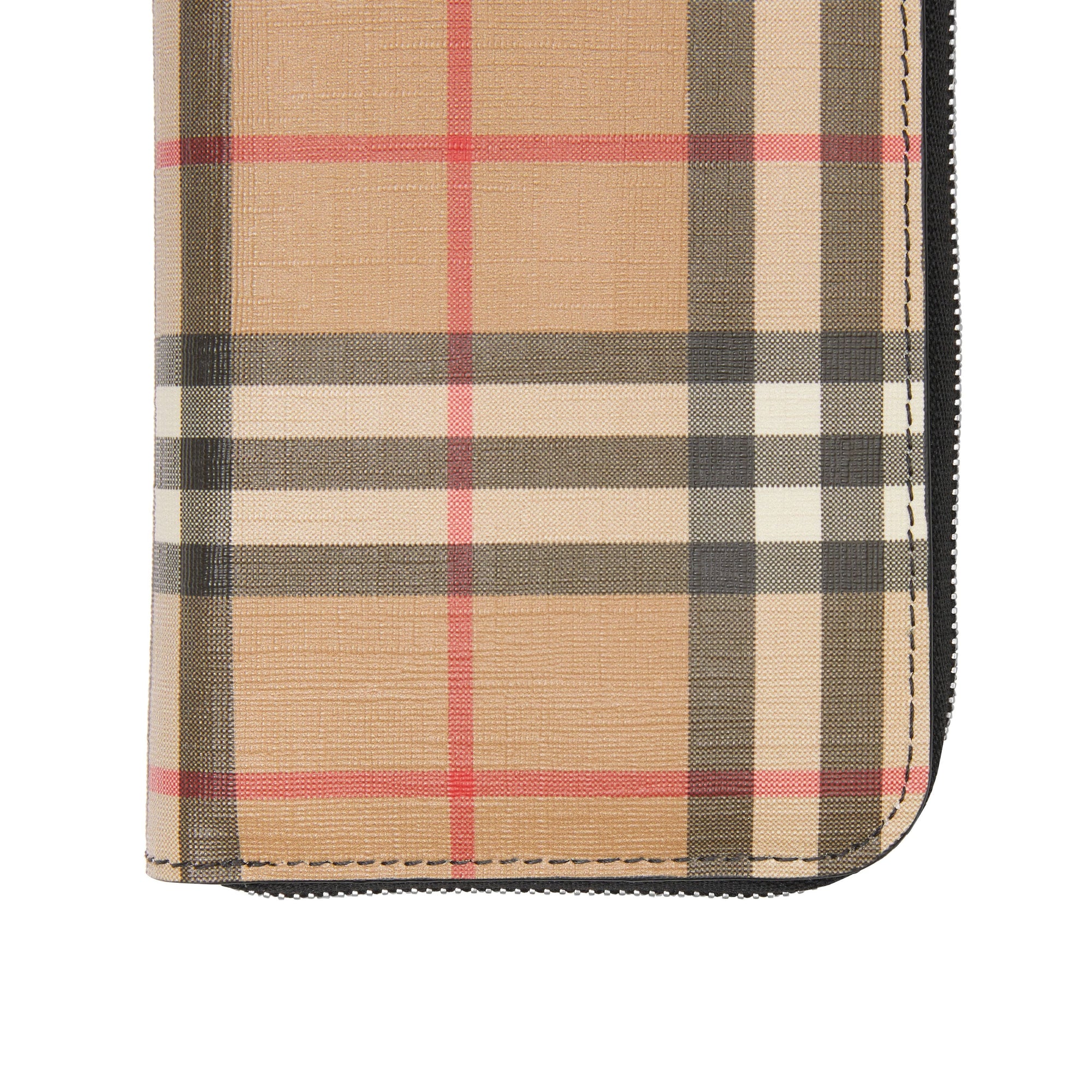 Portefeuille zippé en cuir et vintage check - Noir