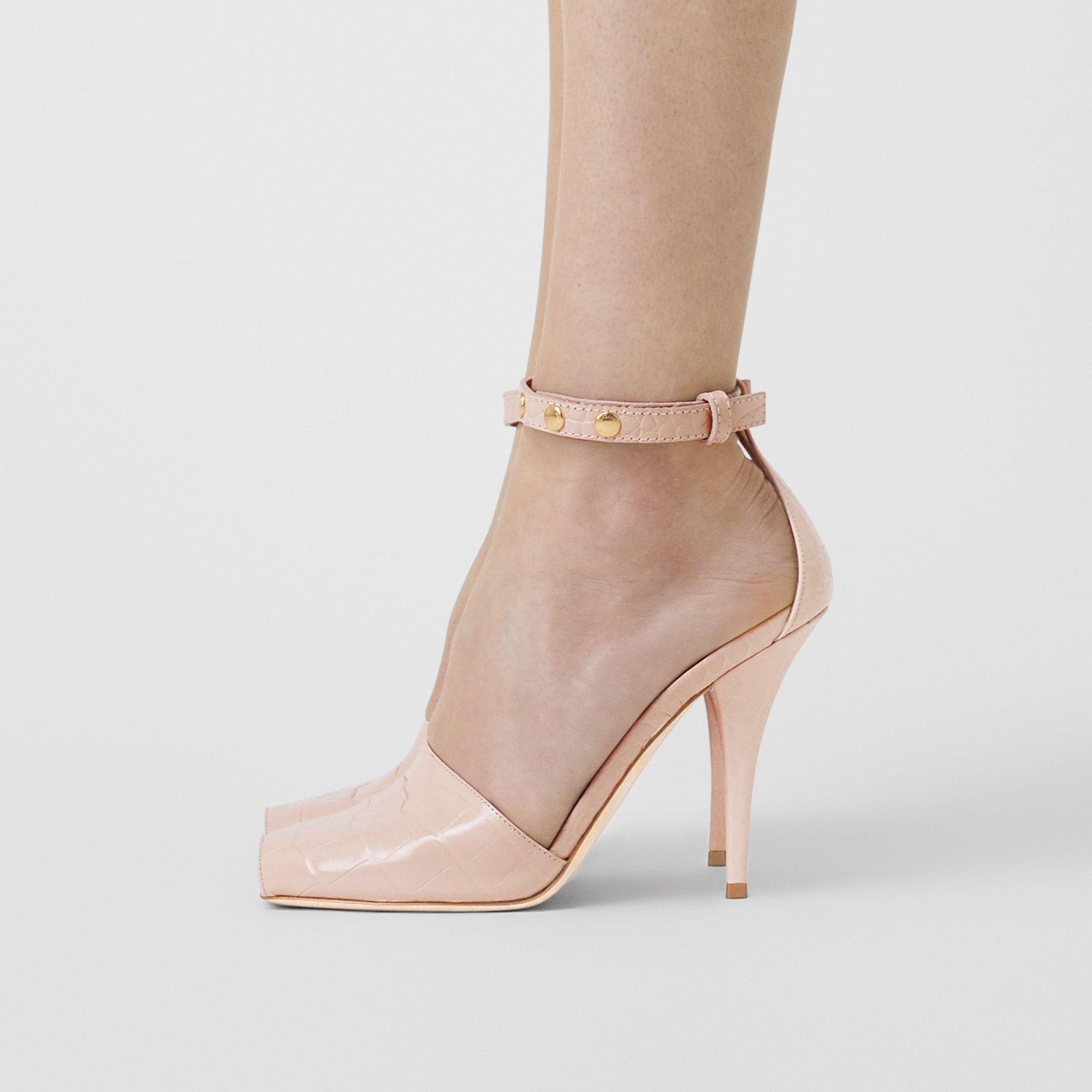 Sandales à bout ouvert en cuir embossé avec triple pression - Beige rose