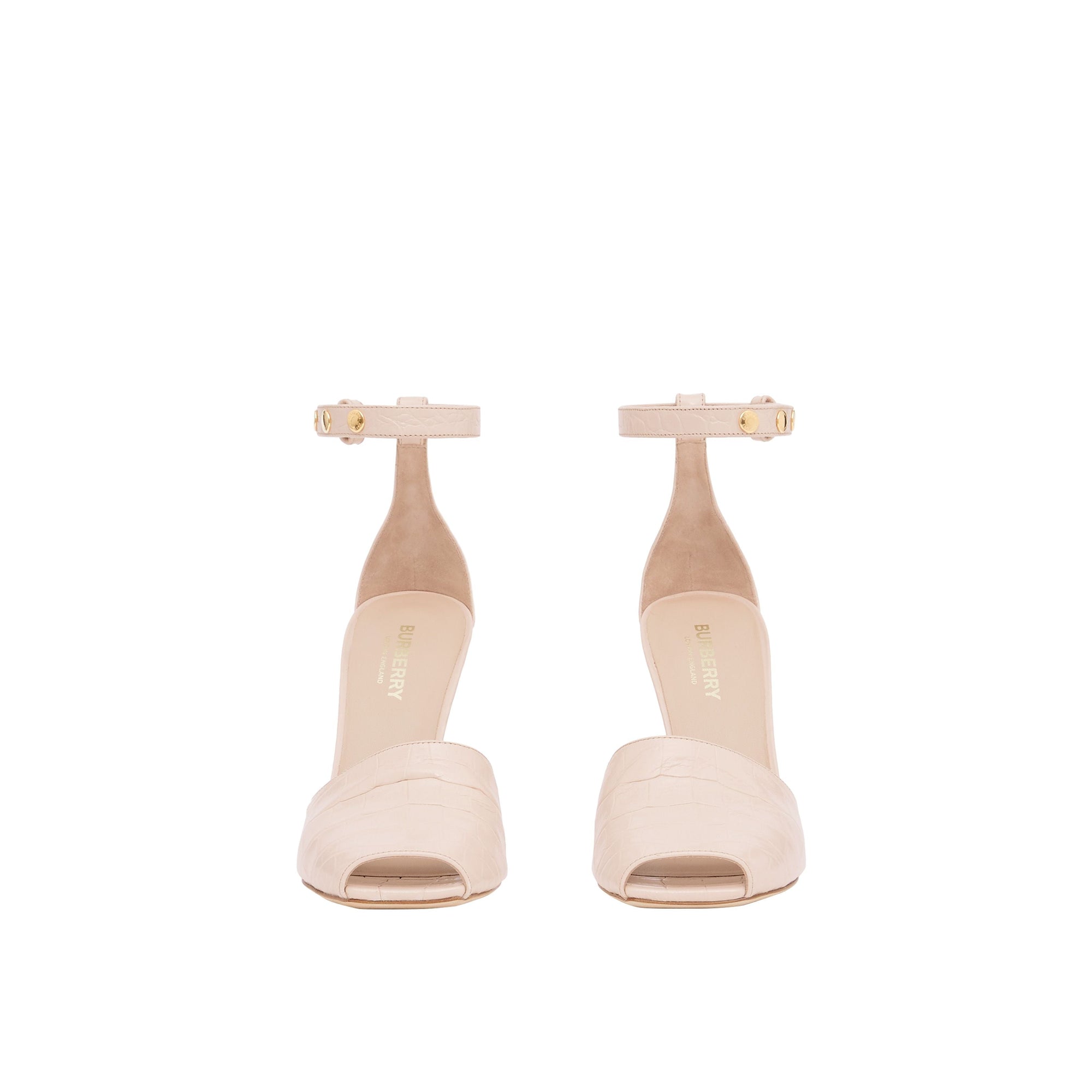 Sandales à bout ouvert en cuir embossé avec triple pression - Beige rose