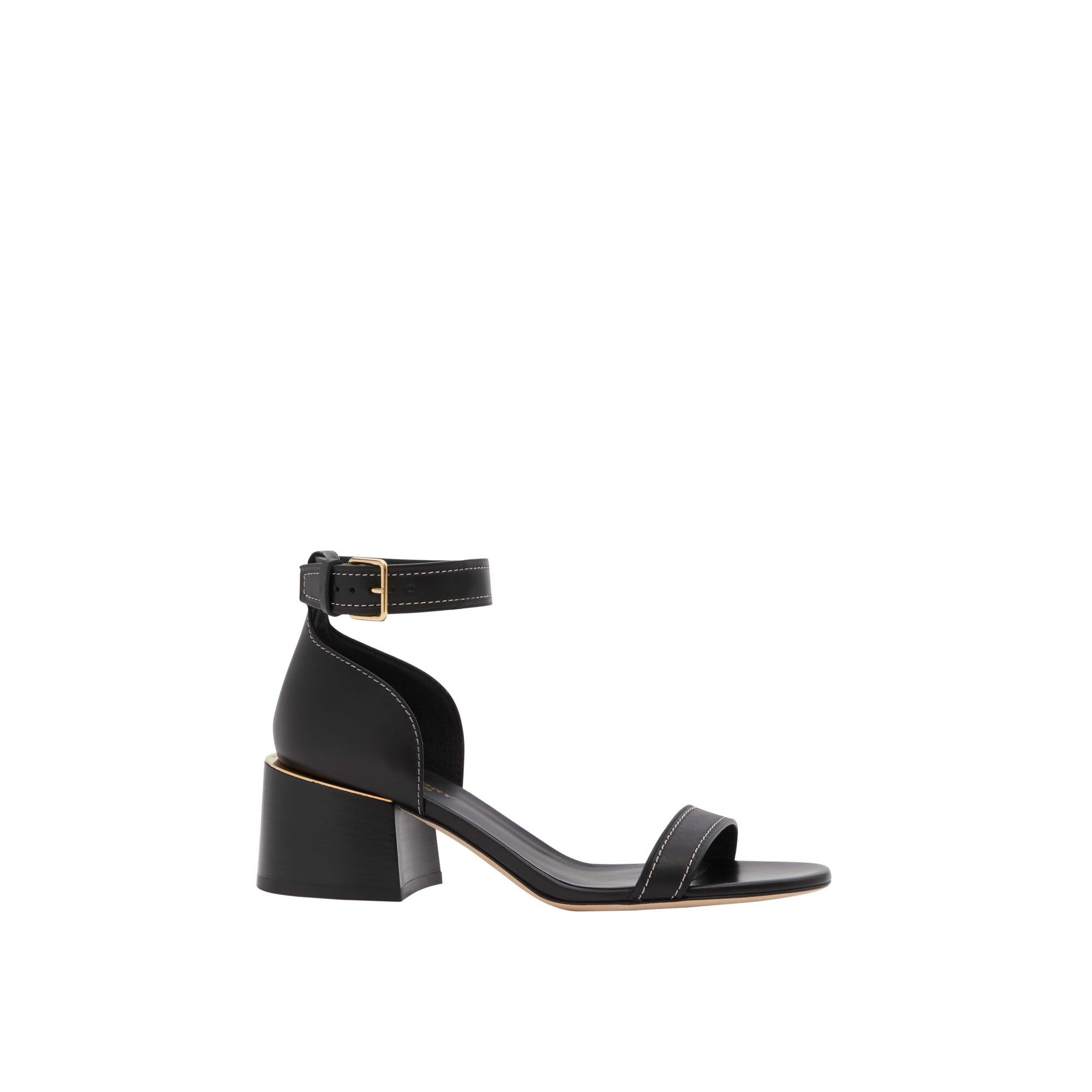 Sandales à talon bottier en cuir avec détail plaqué or - Noir
