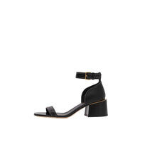 Sandales à talon bottier en cuir avec détail plaqué or - Noir