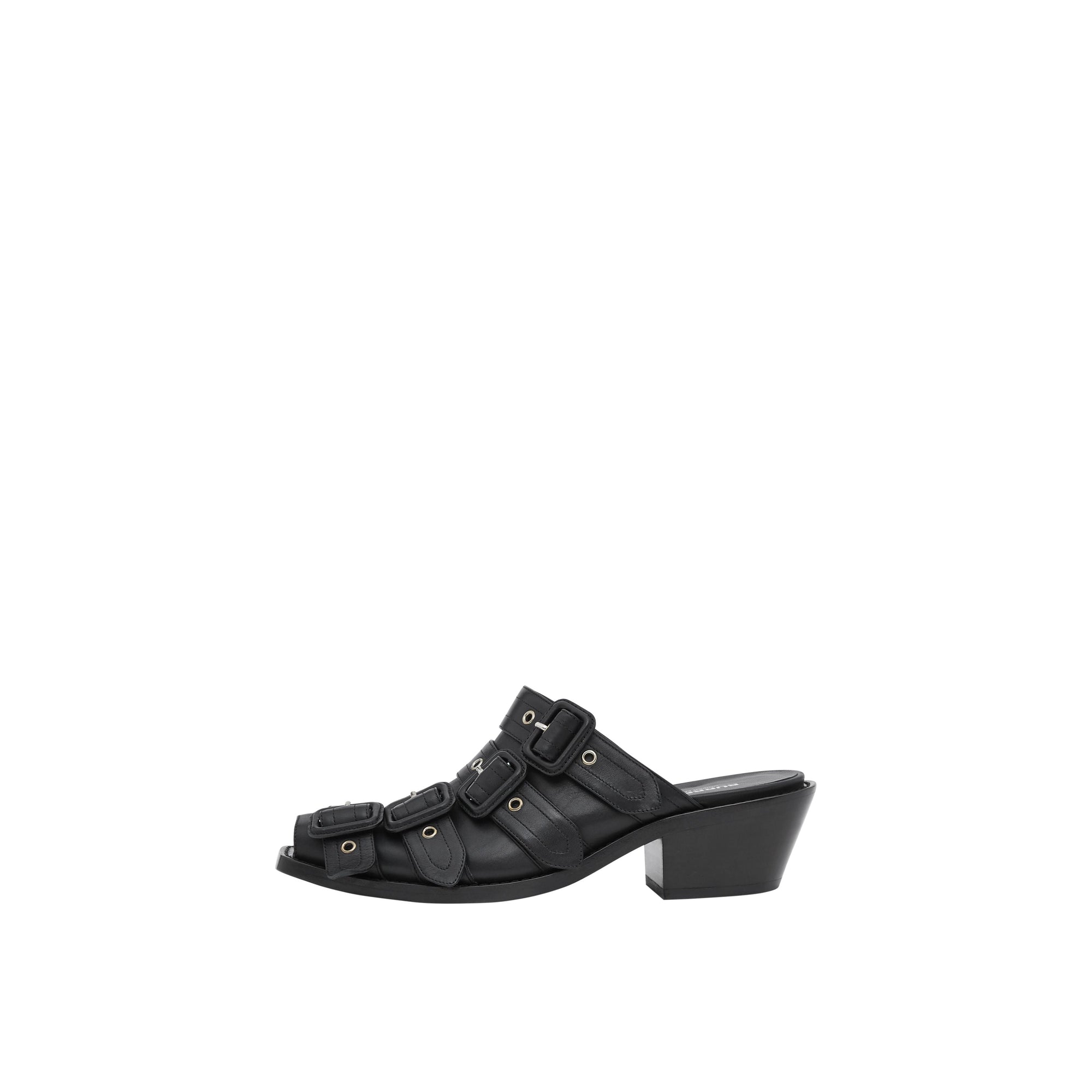 Mules à bout ouvert en cuir avec boucles - Noir