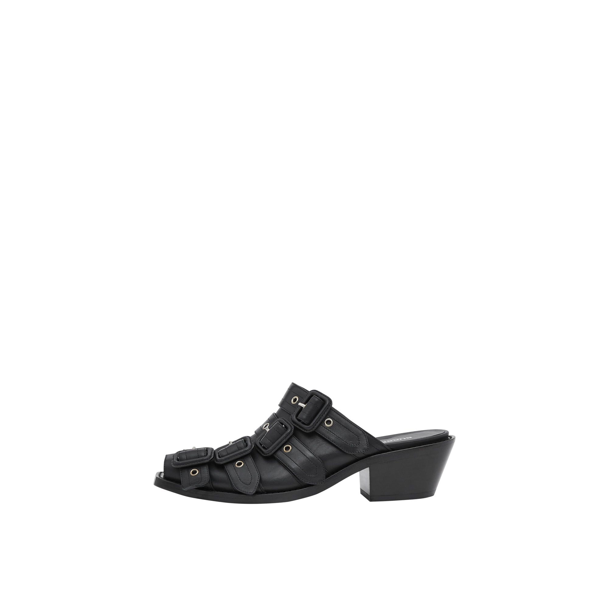 Mules à bout ouvert en cuir avec boucles - Noir