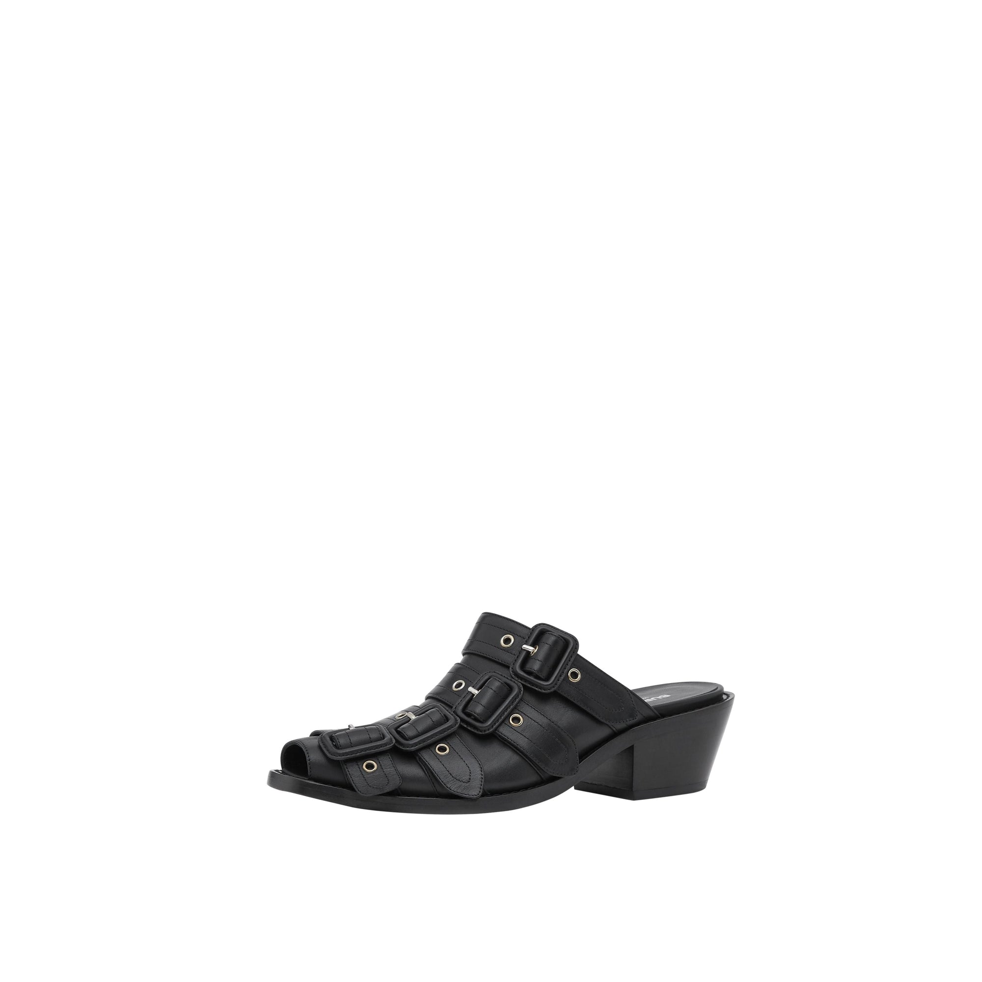 Mules à bout ouvert en cuir avec boucles - Noir