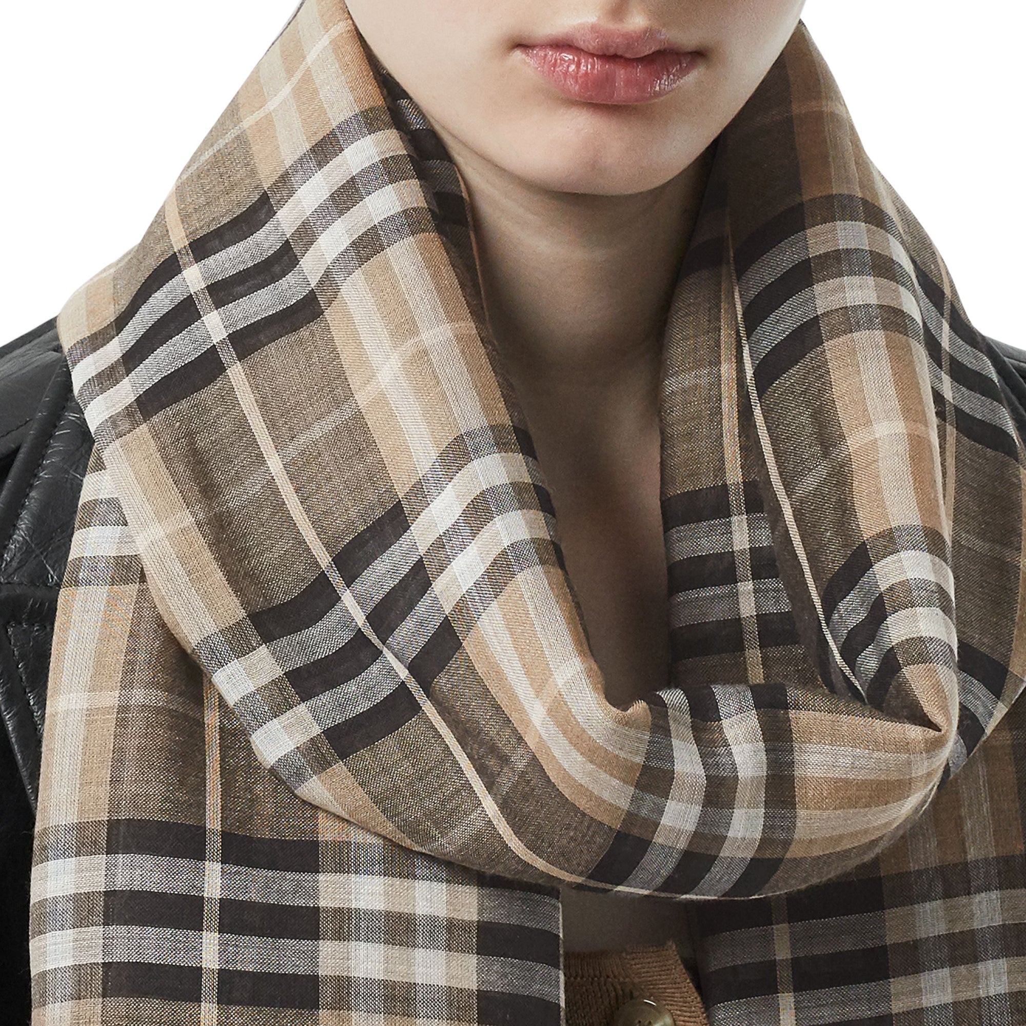 Maxi écharpe légère en laine et soie Vintage check - Miel Pâle