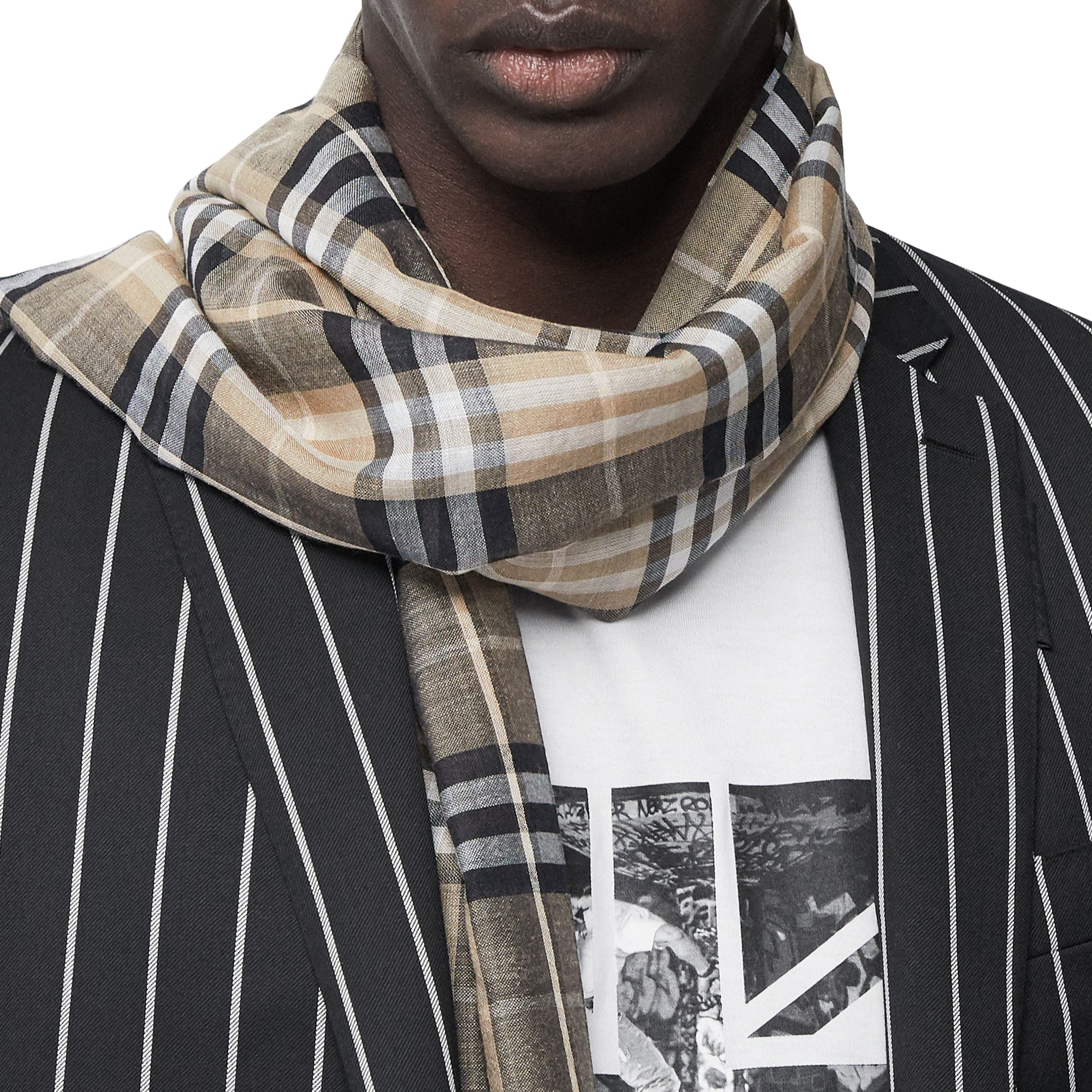 Maxi écharpe légère en laine et soie vintage check - Miel pâle