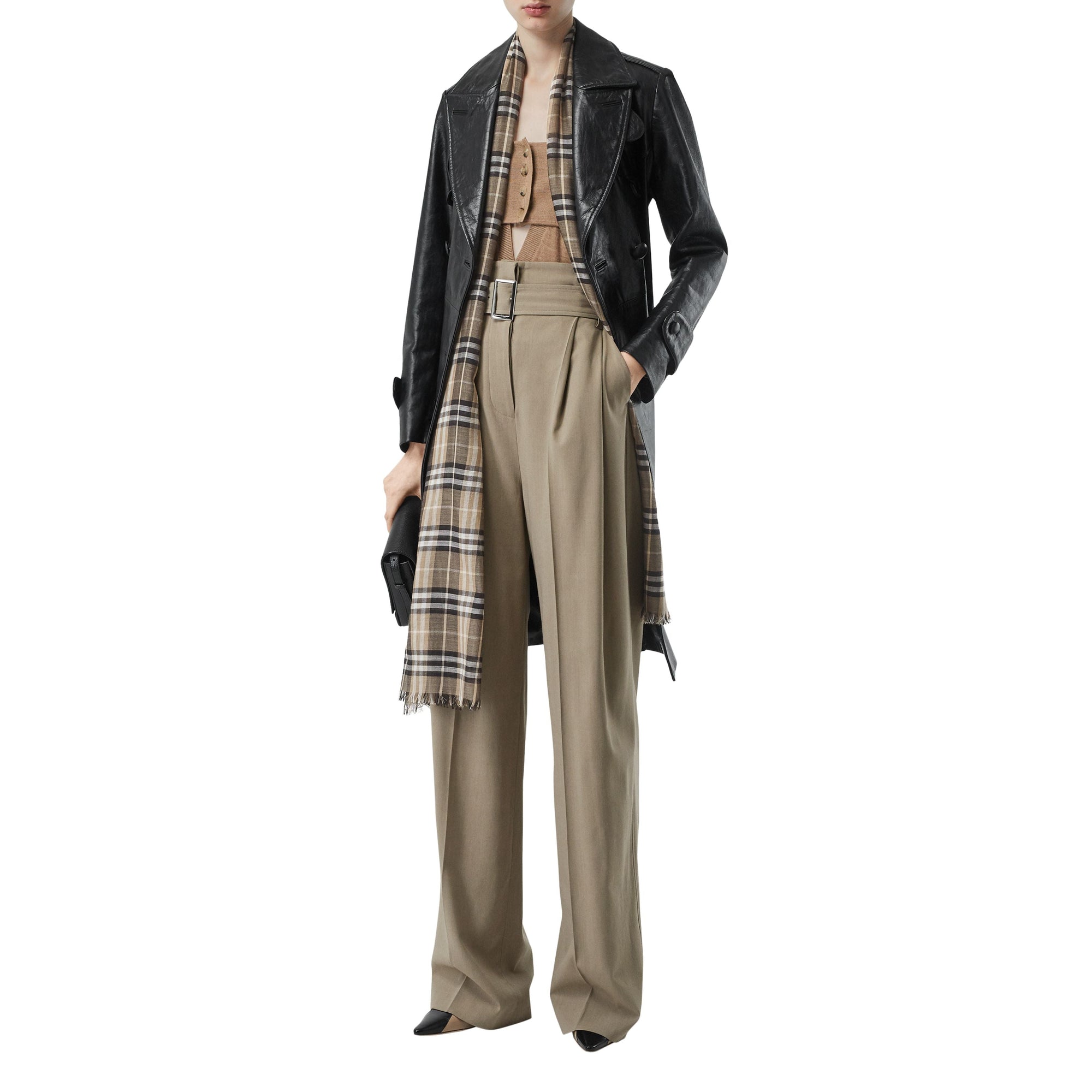 Maxi écharpe légère en laine et soie Vintage check - Miel Pâle