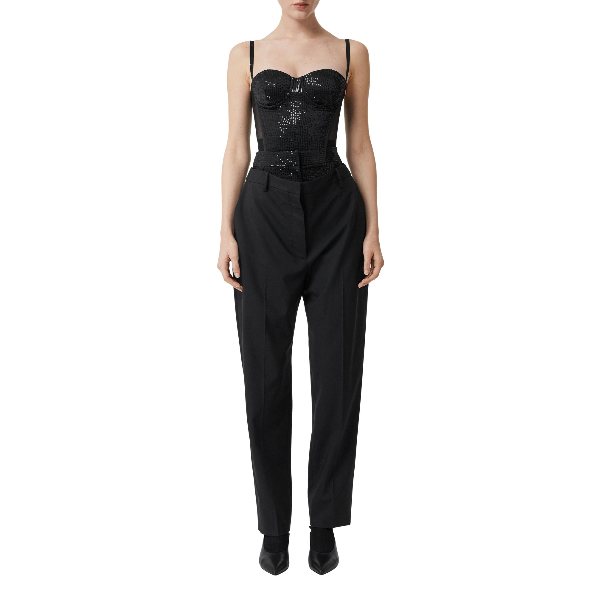 Pantalon en laine stretch à double ceinture avec sequins - Noir