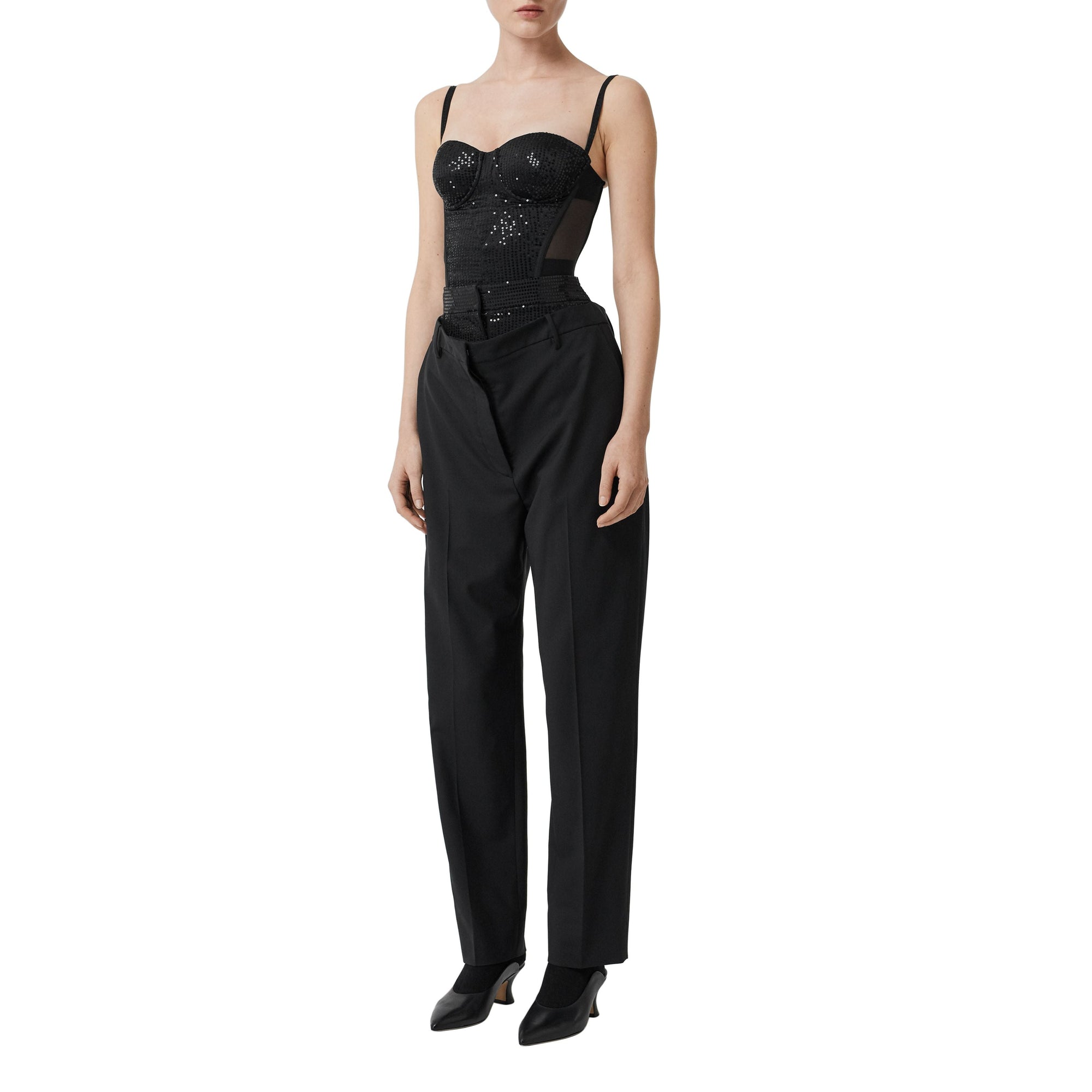 Pantalon en laine stretch à double ceinture avec sequins - Noir