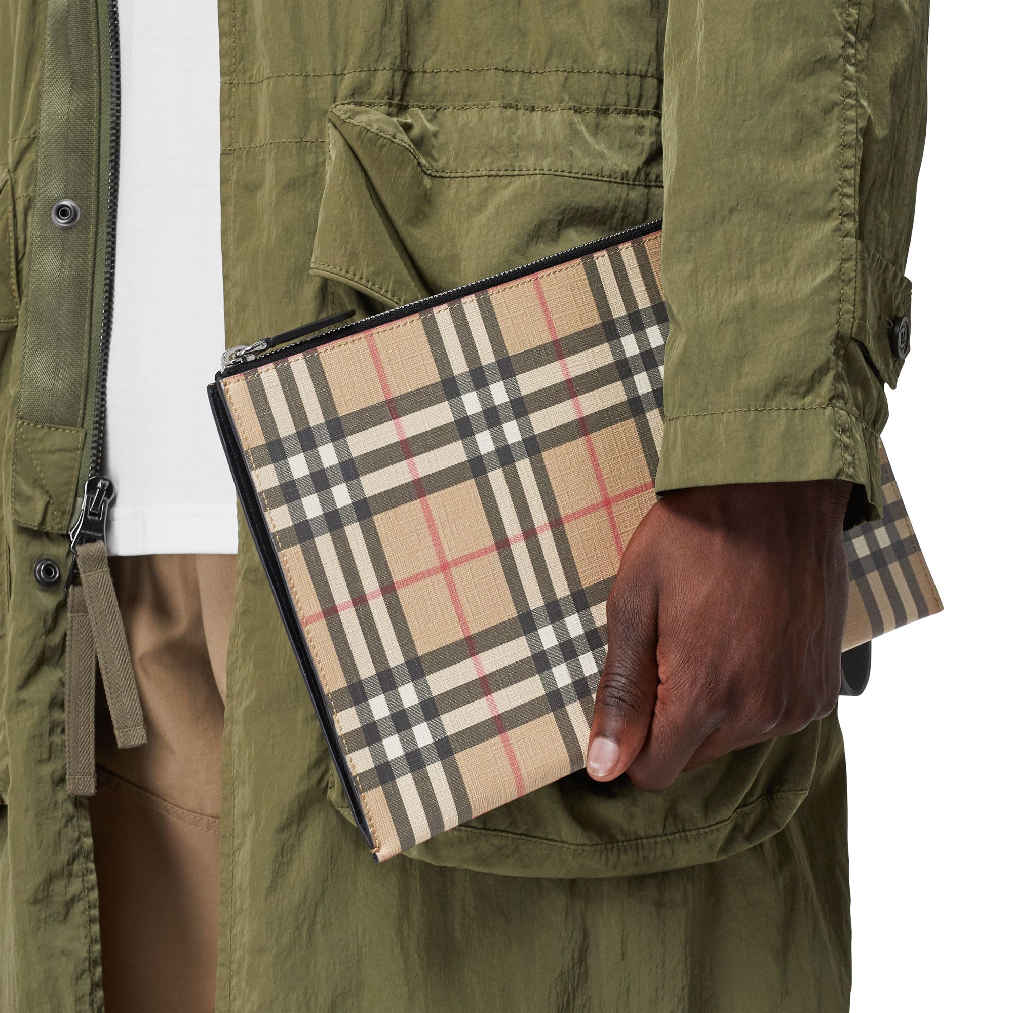 ARCHIVE BEIGE Pochette zippée en toile écologique et cuir Vintage check