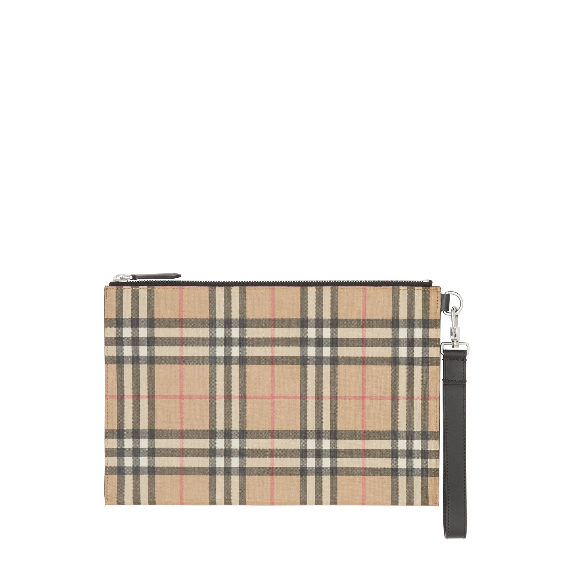 Pochette zippée en toile écologique et cuir vintage check - Beige d'archive