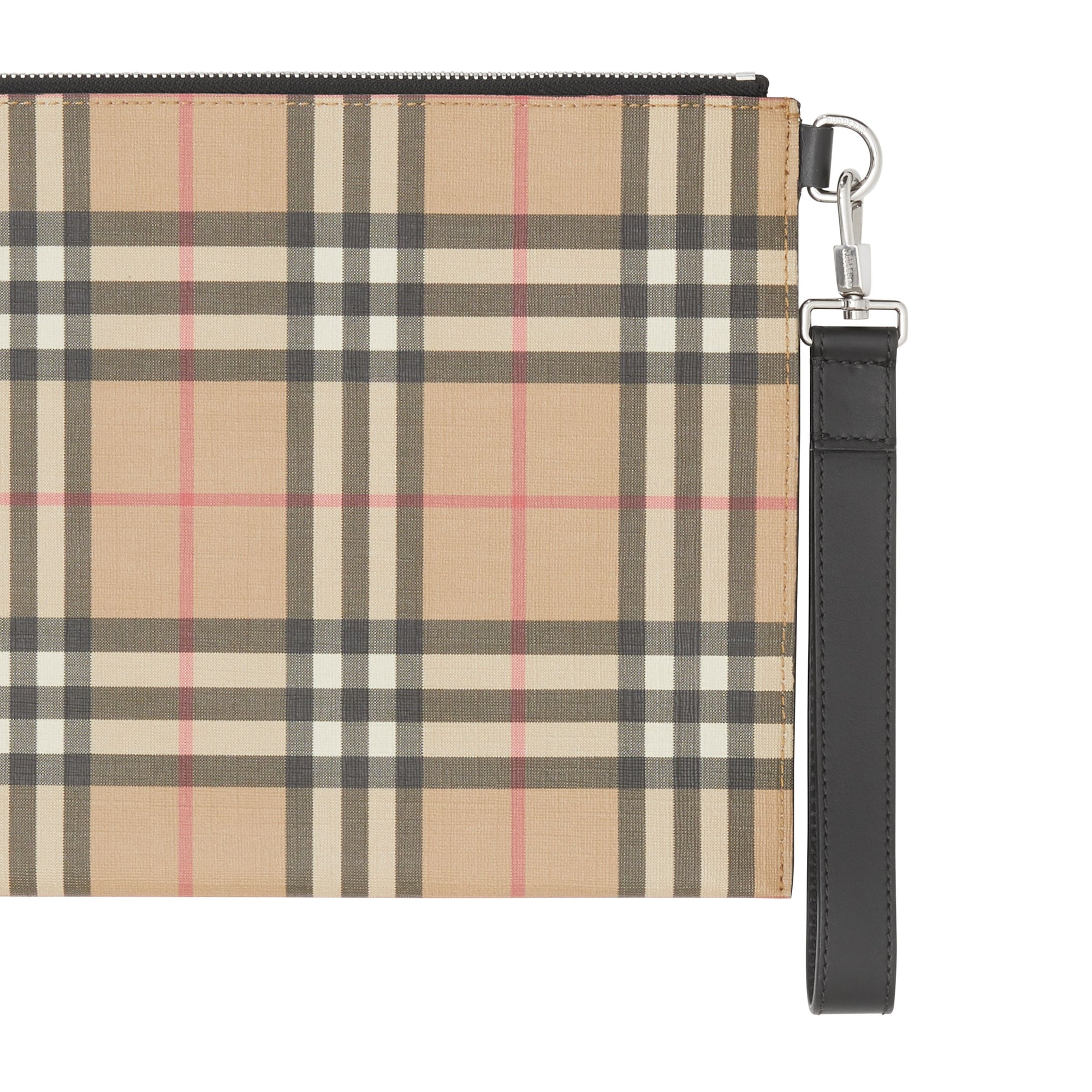 Pochette zippée en toile écologique et cuir vintage check - Beige d'archive