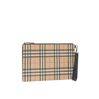 Pochette zippée en toile écologique et cuir vintage check - Beige d'archive