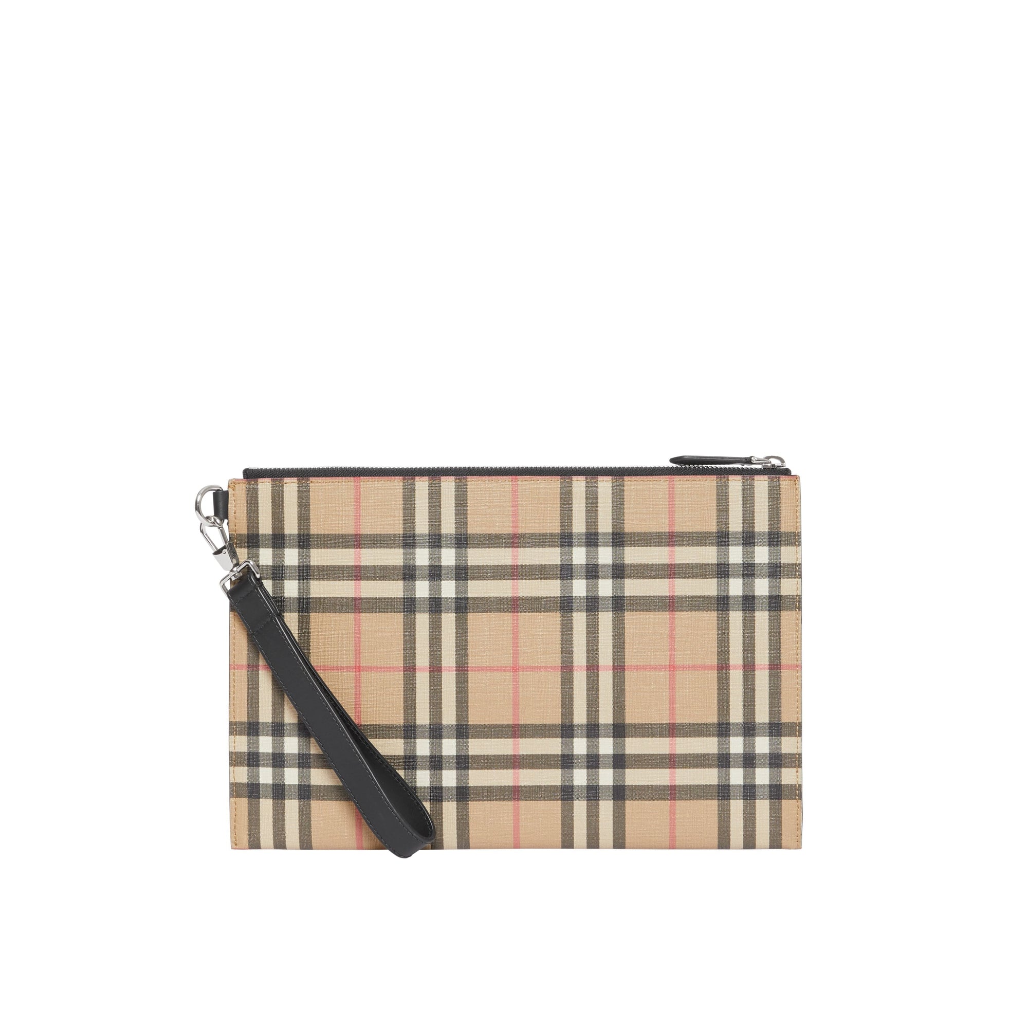 Pochette zippée en toile écologique et cuir vintage check - Beige d'archive
