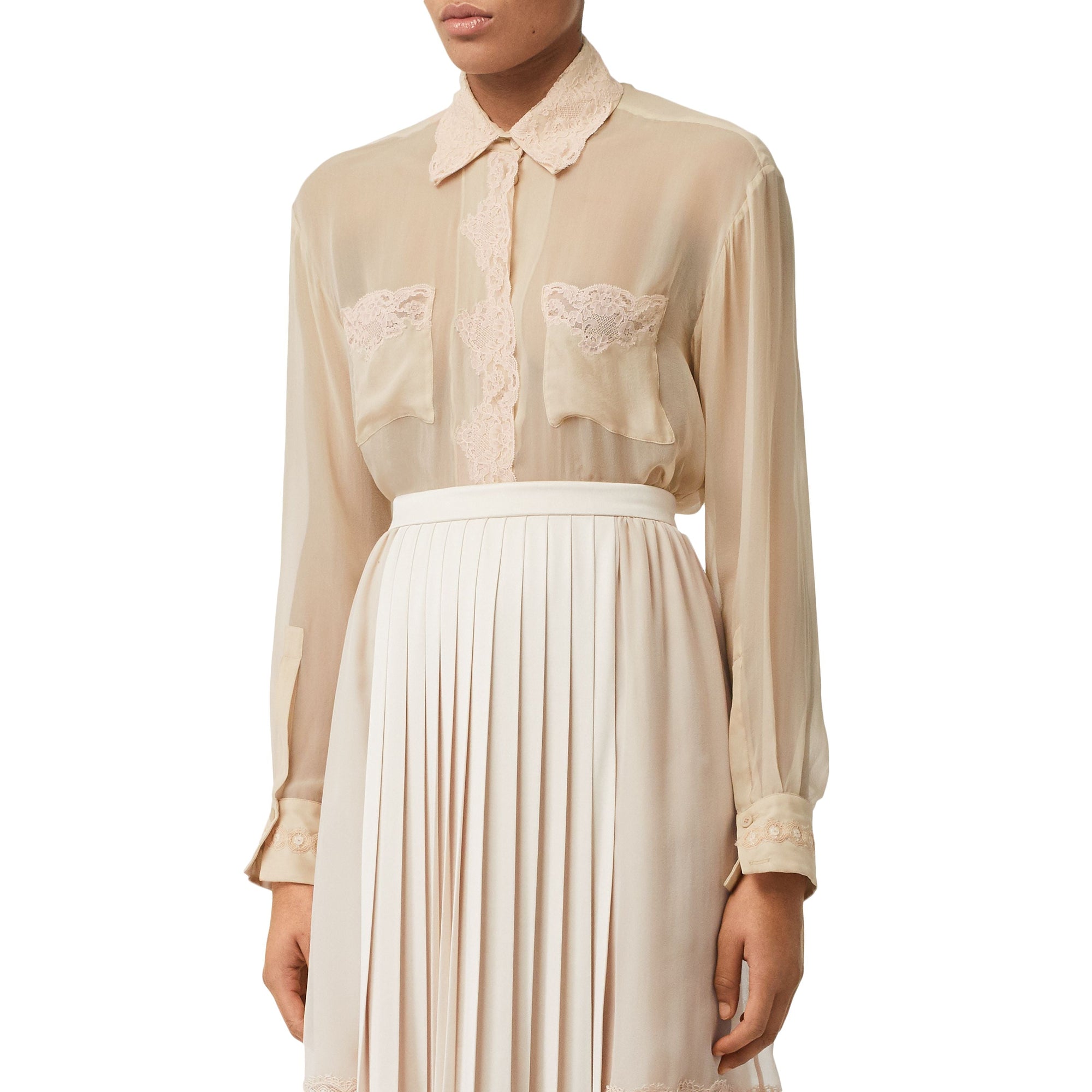 Chemise oversize en mousseline de soie avec dentelle - Pêche doux