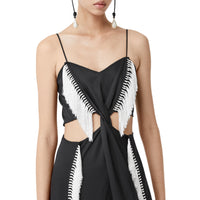 Robe combinaison en satin de soie avec franges - Noir