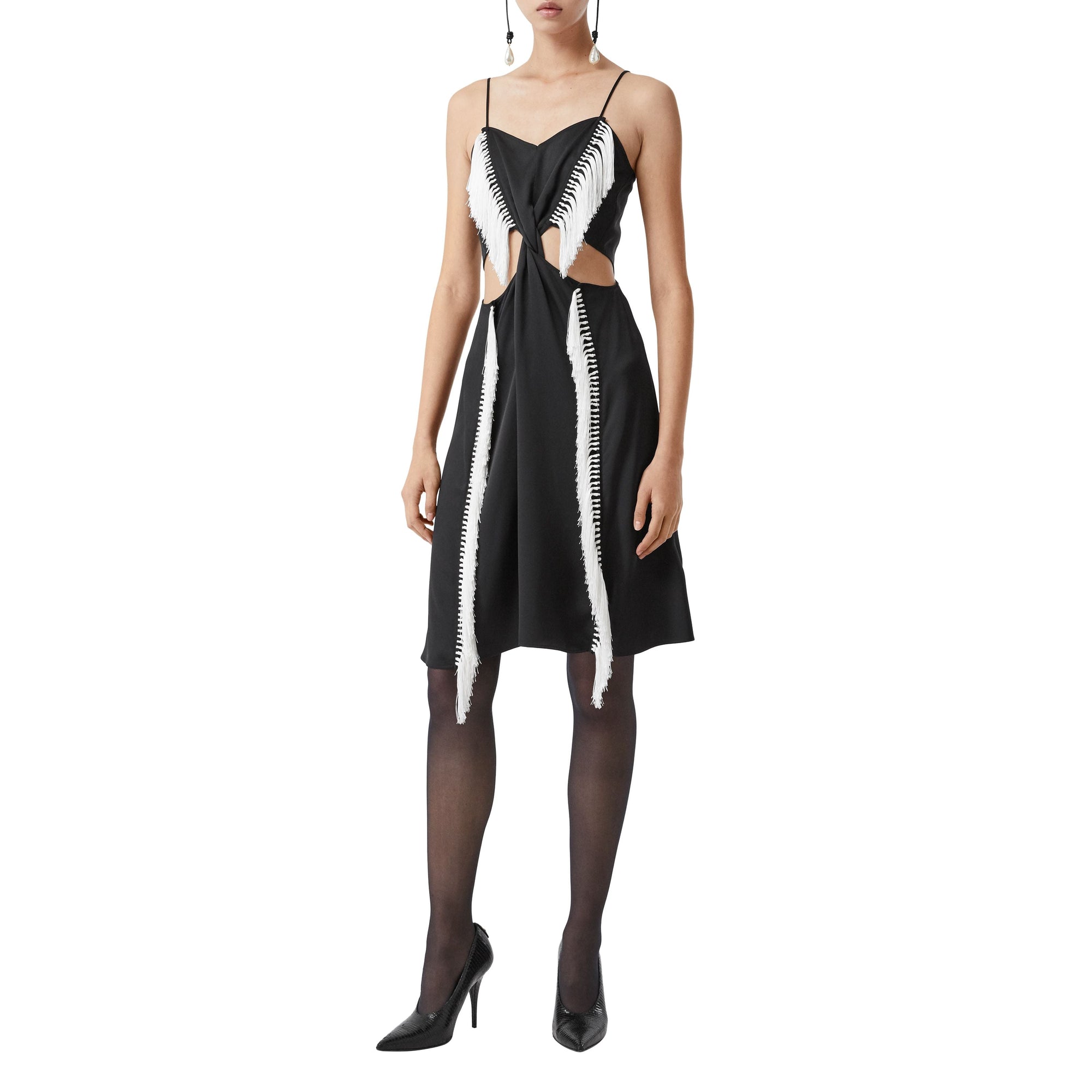 Robe combinaison en satin de soie avec franges - Noir