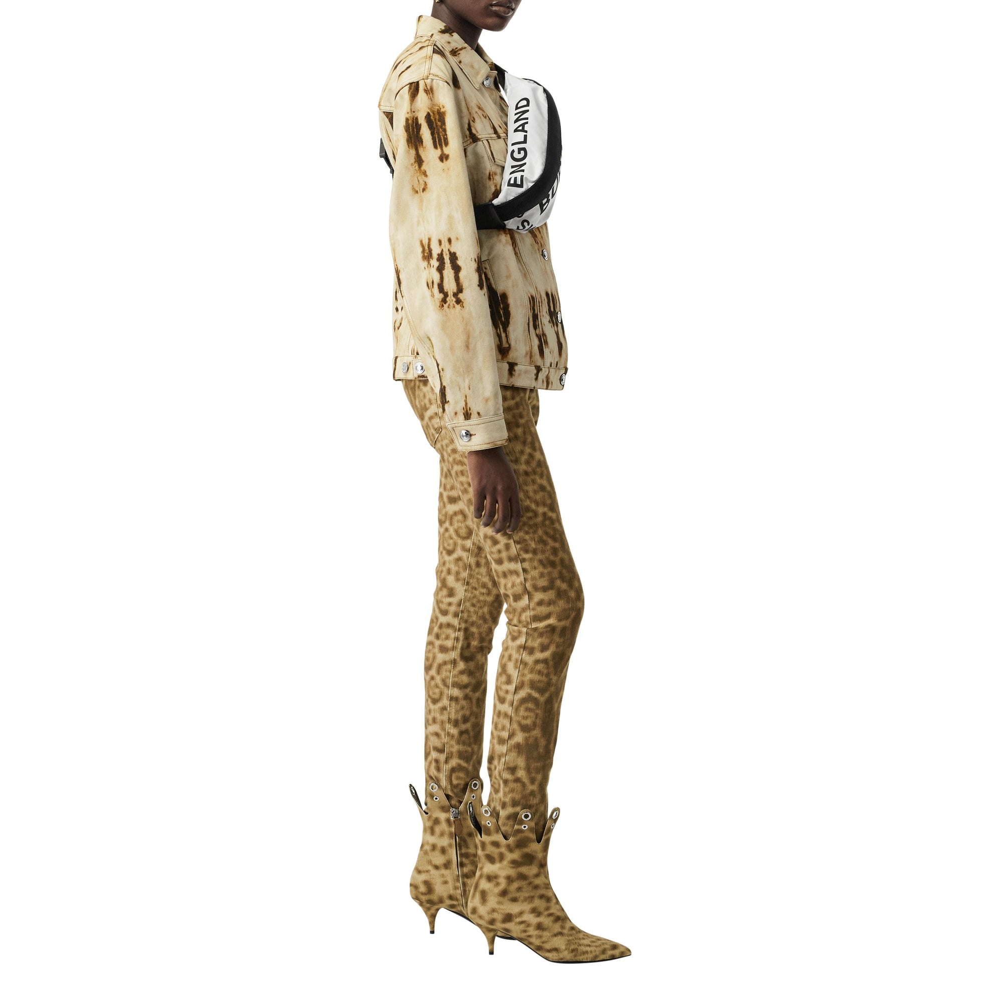 Jean droit en denim japonais à imprimé léopard - Beige