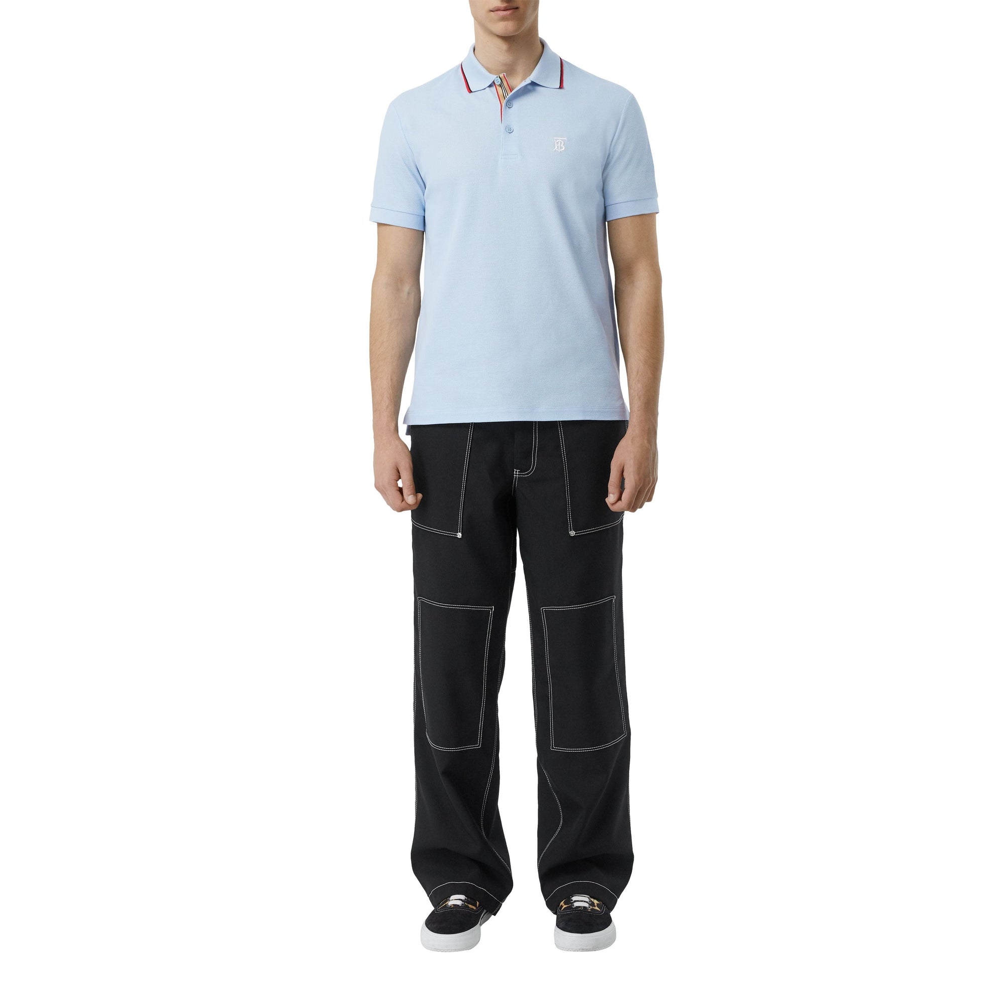PALE BLUE Polo en piqué de coton avec patte de boutonnage à rayures iconiques