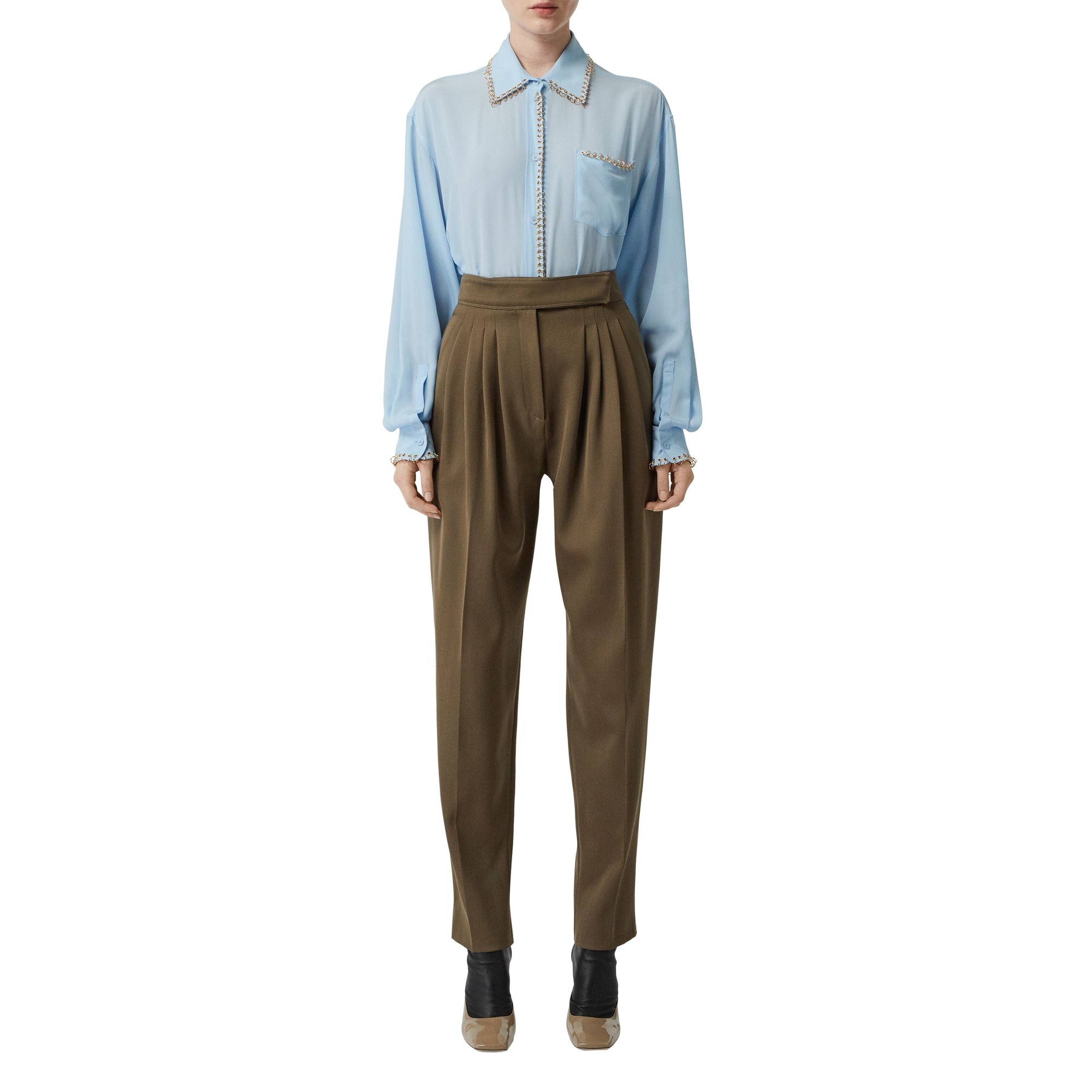 Pantalon tailleur en sergé de laine plissé - Taupe Intense
