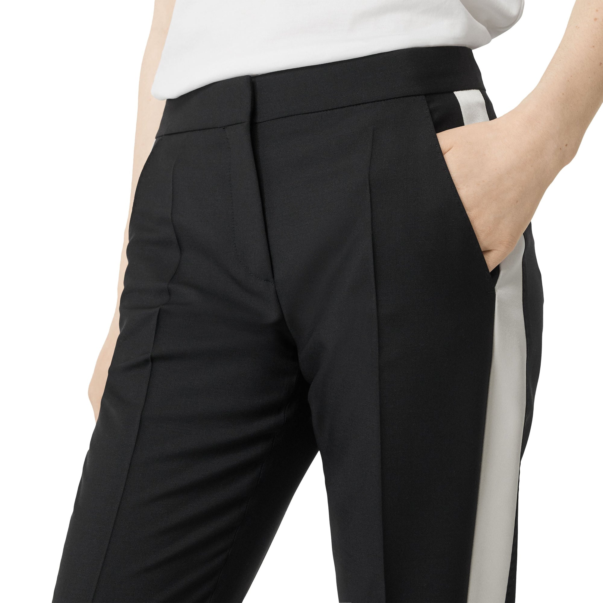 Pantalon tailleur droit en laine avec rayures en soie - Noir