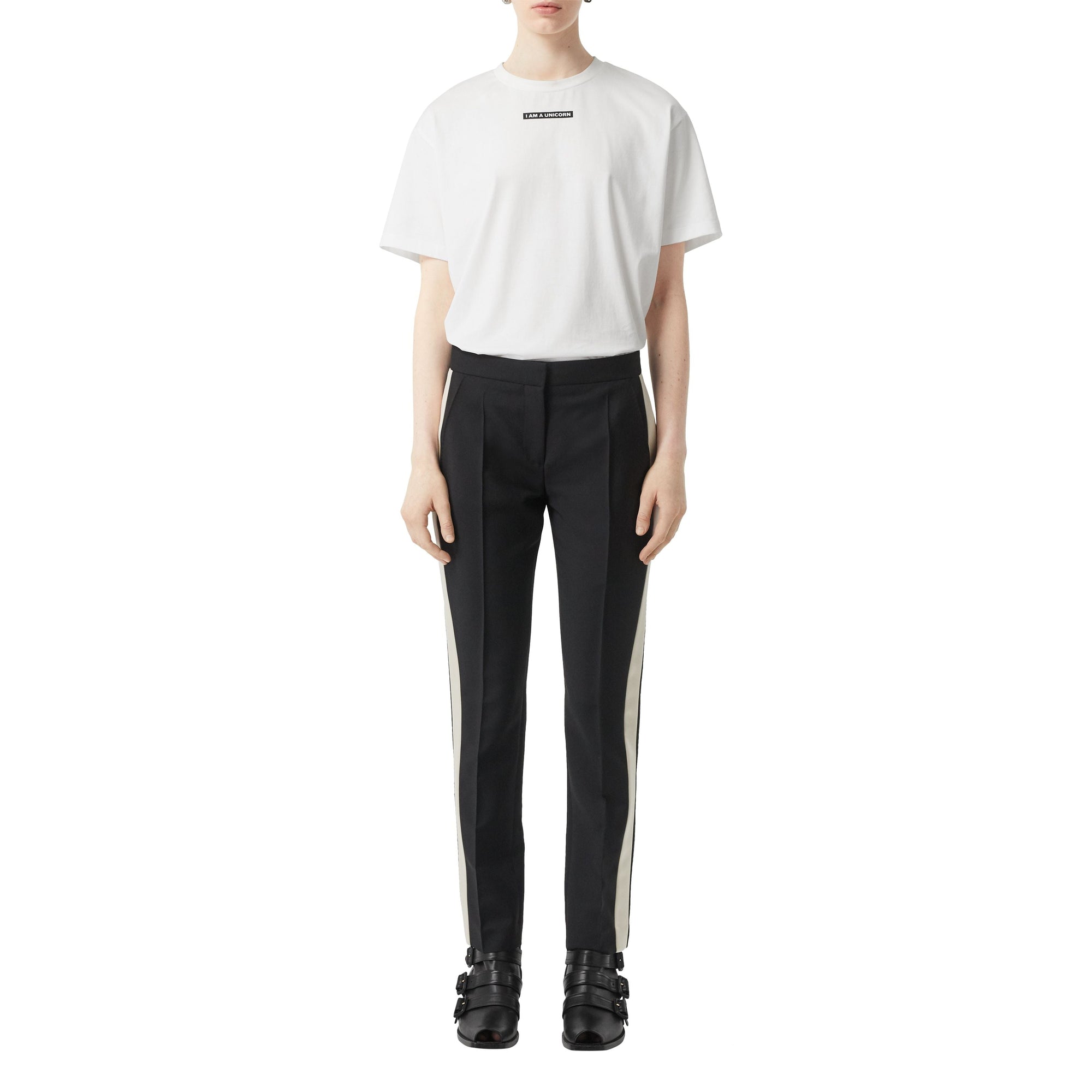 Pantalon tailleur droit en laine avec rayures en soie - Noir