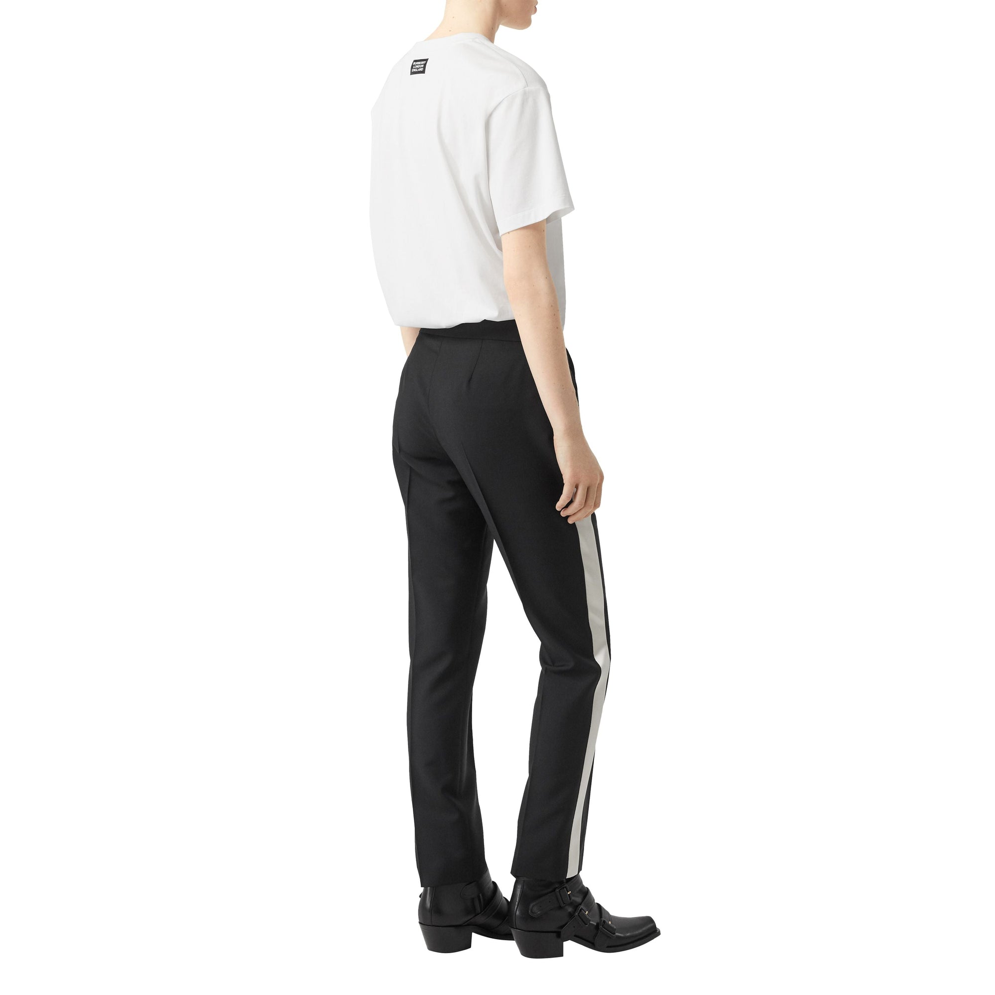 Pantalon tailleur droit en laine avec rayures en soie - Noir