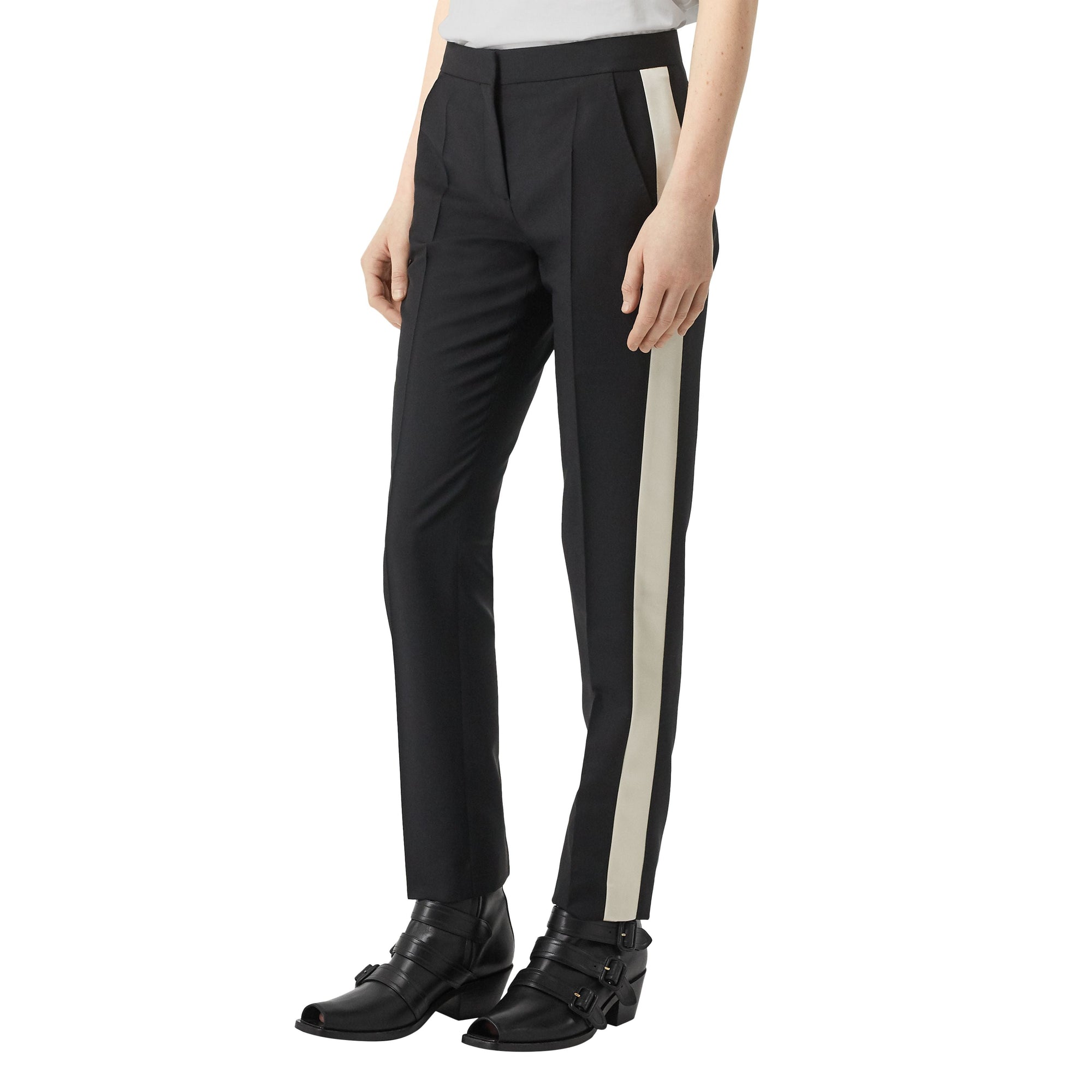 Pantalon tailleur droit en laine avec rayures en soie - Noir