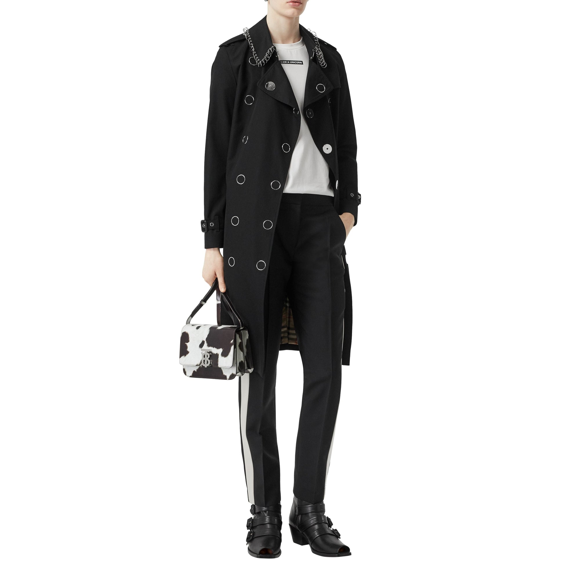 Pantalon tailleur droit en laine avec rayures en soie - Noir