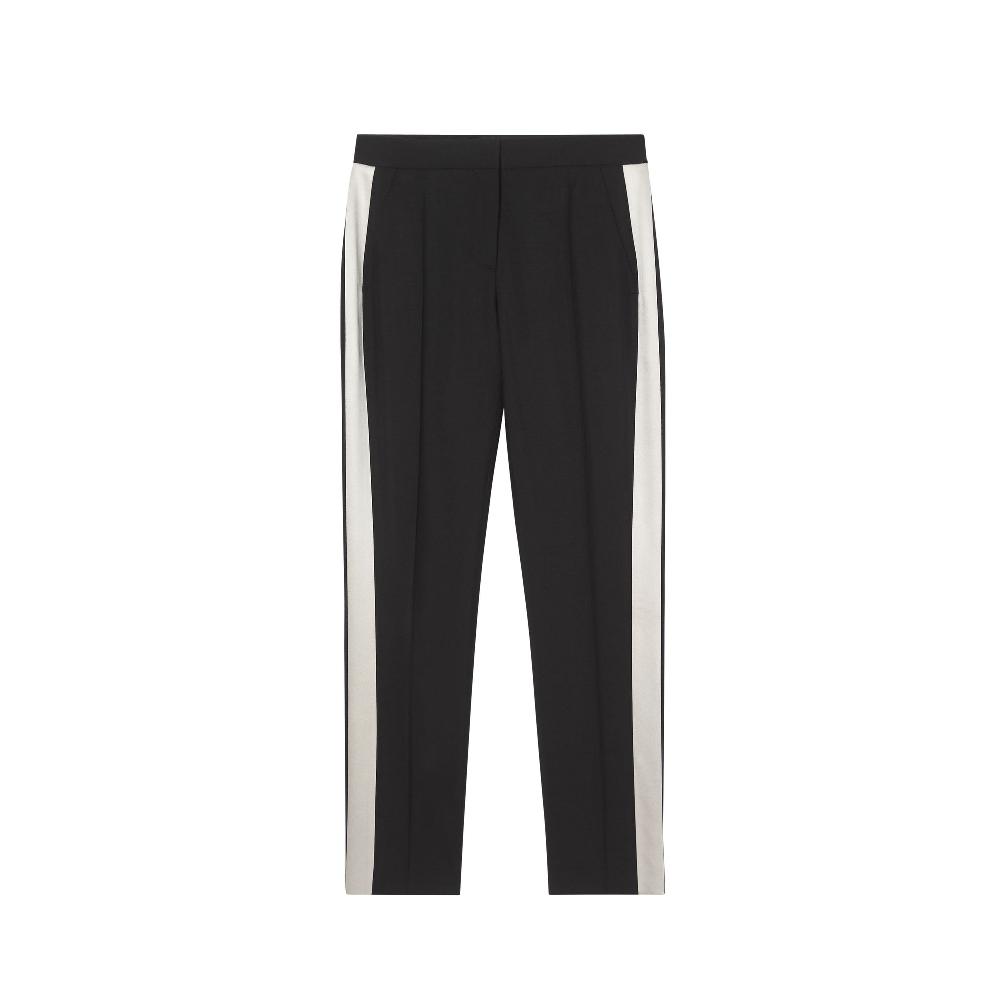 Pantalon tailleur droit en laine avec rayures en soie - Noir