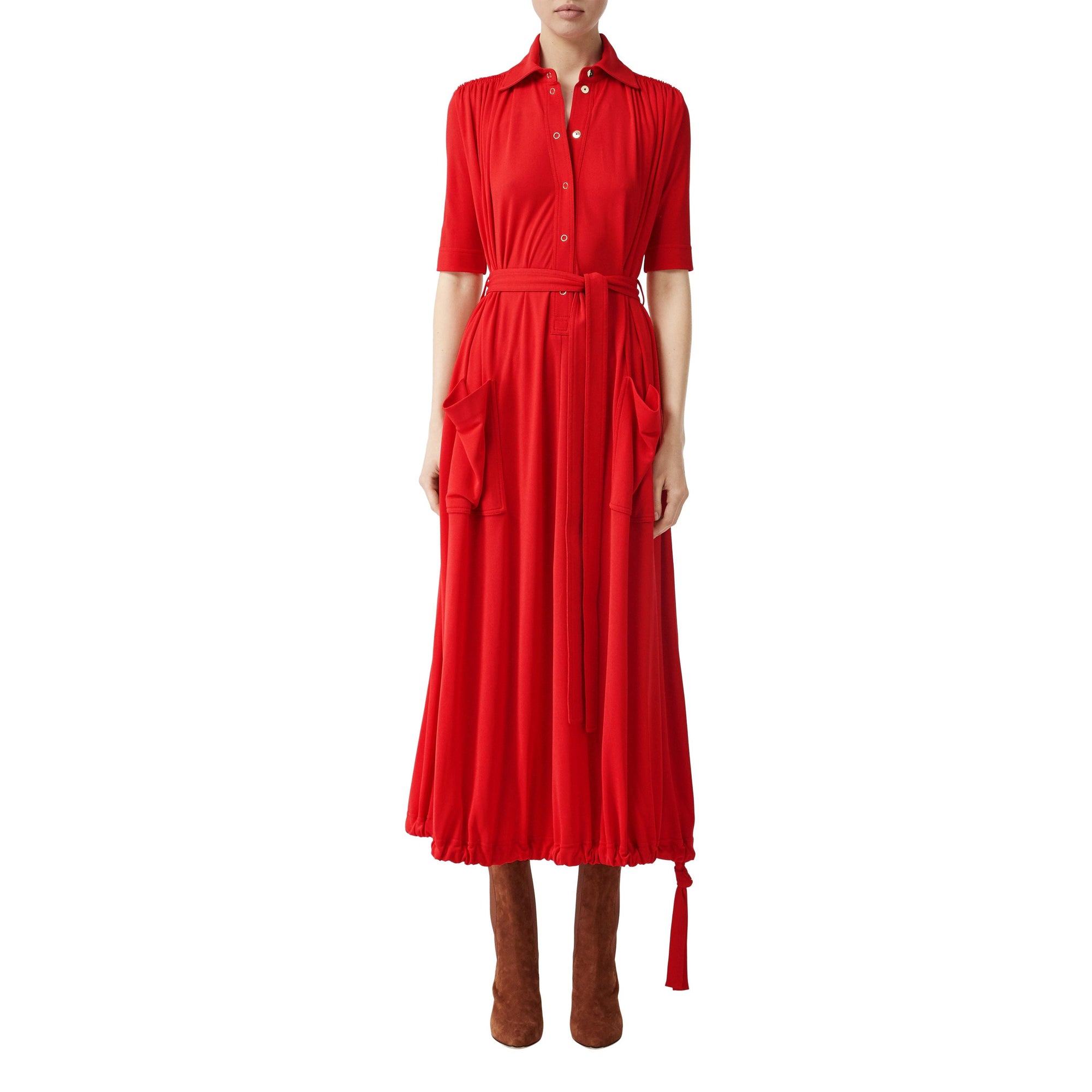 Robe à manches courtes en jersey froncé - Rouge vif