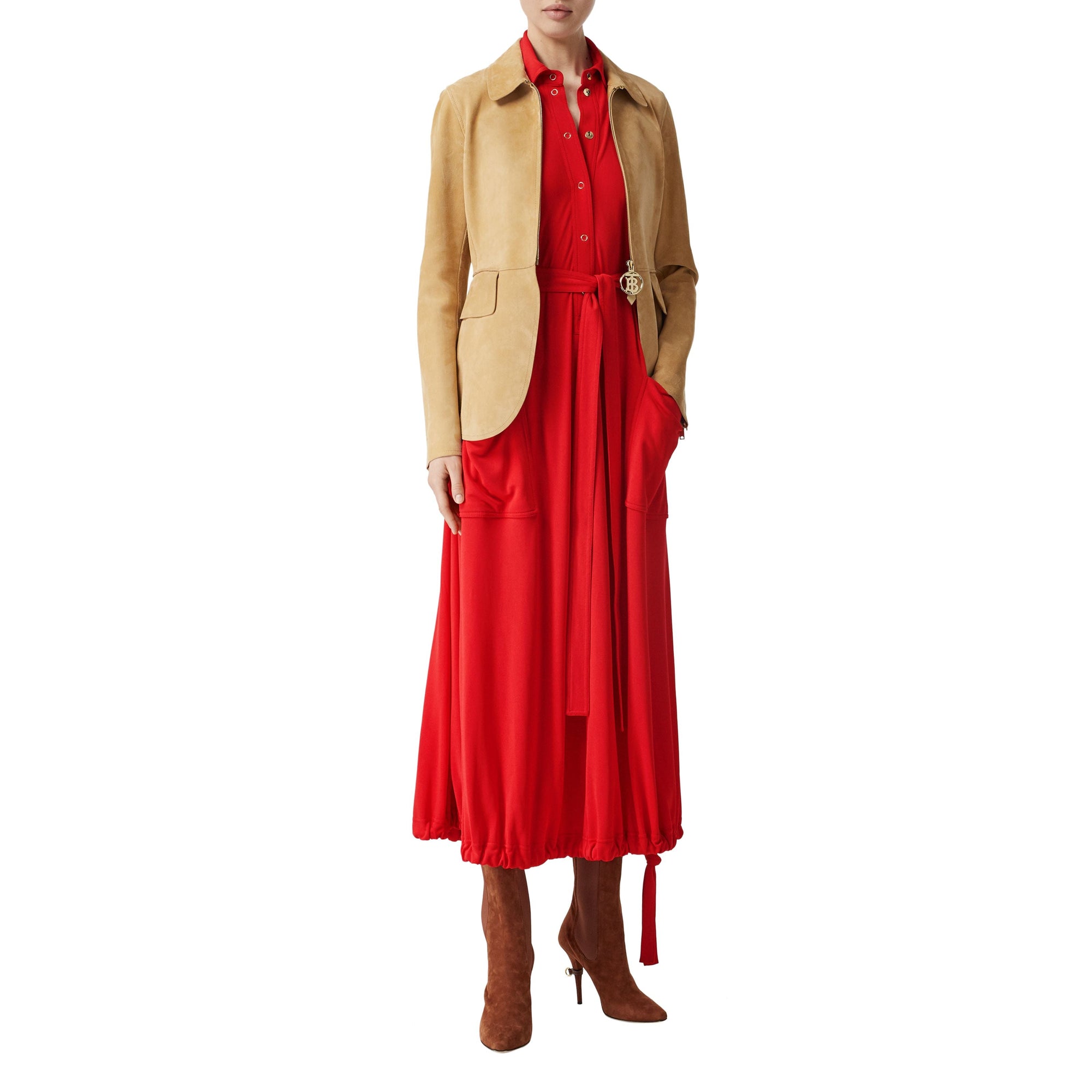 Robe à manches courtes en jersey froncé - Rouge vif