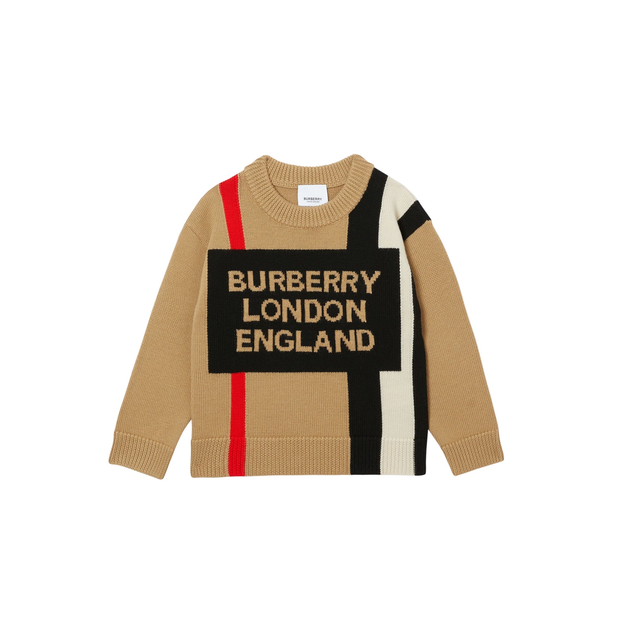 ARCHIVE BEIGE Pull en laine avec rayures iconiques et logo en intarsia