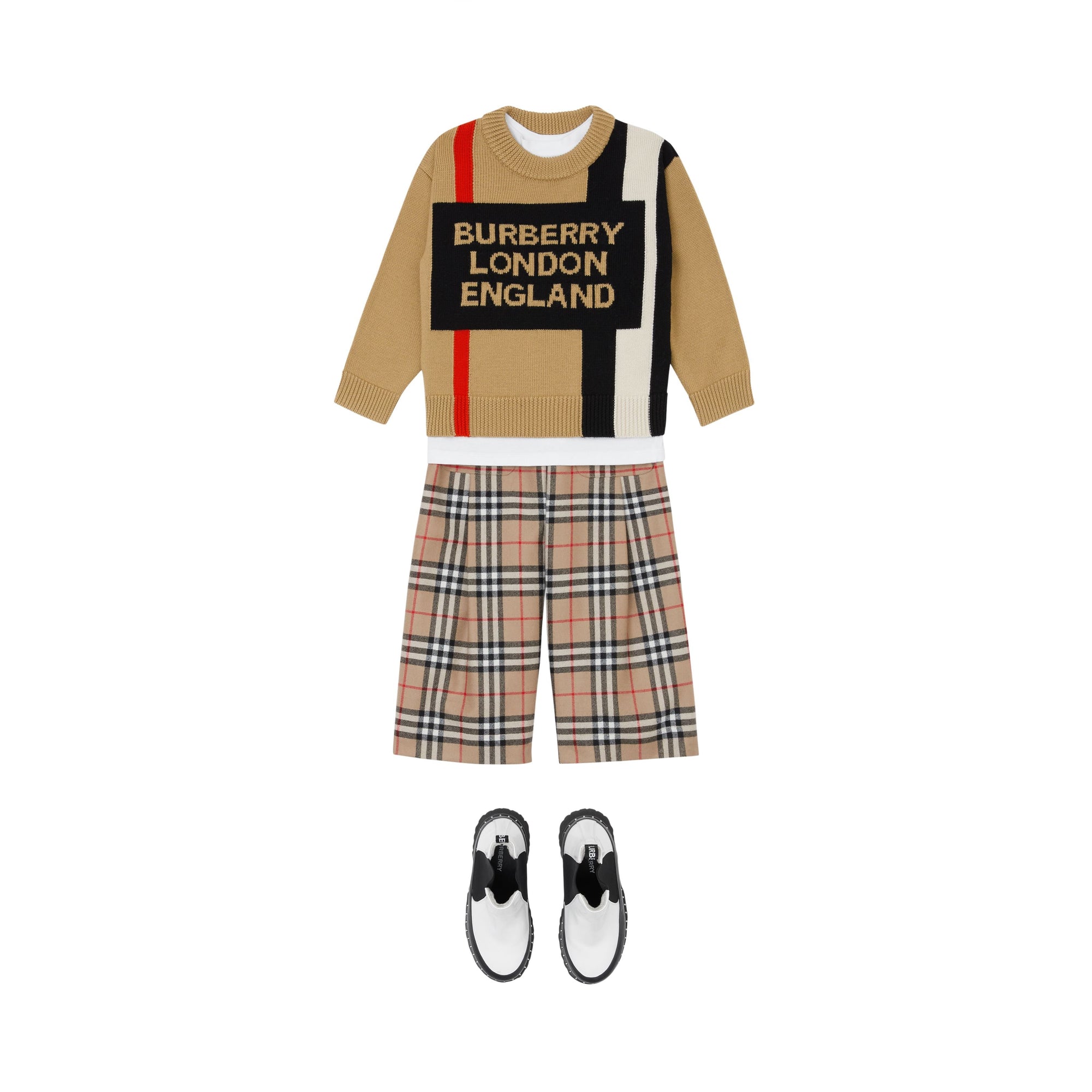 ARCHIVE BEIGE Pull en laine avec rayures iconiques et logo en intarsia