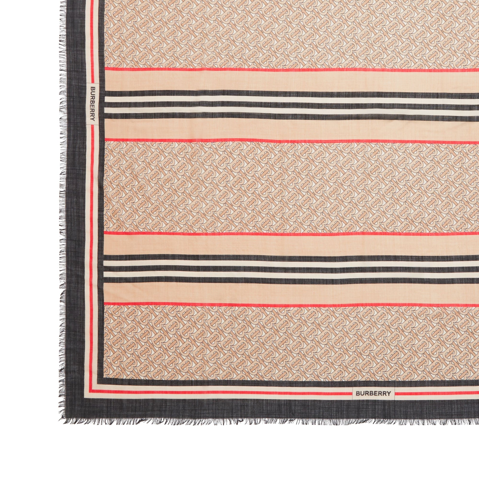 Grand carré en laine et soie monogram avec rayures iconiques - Beige d'archive